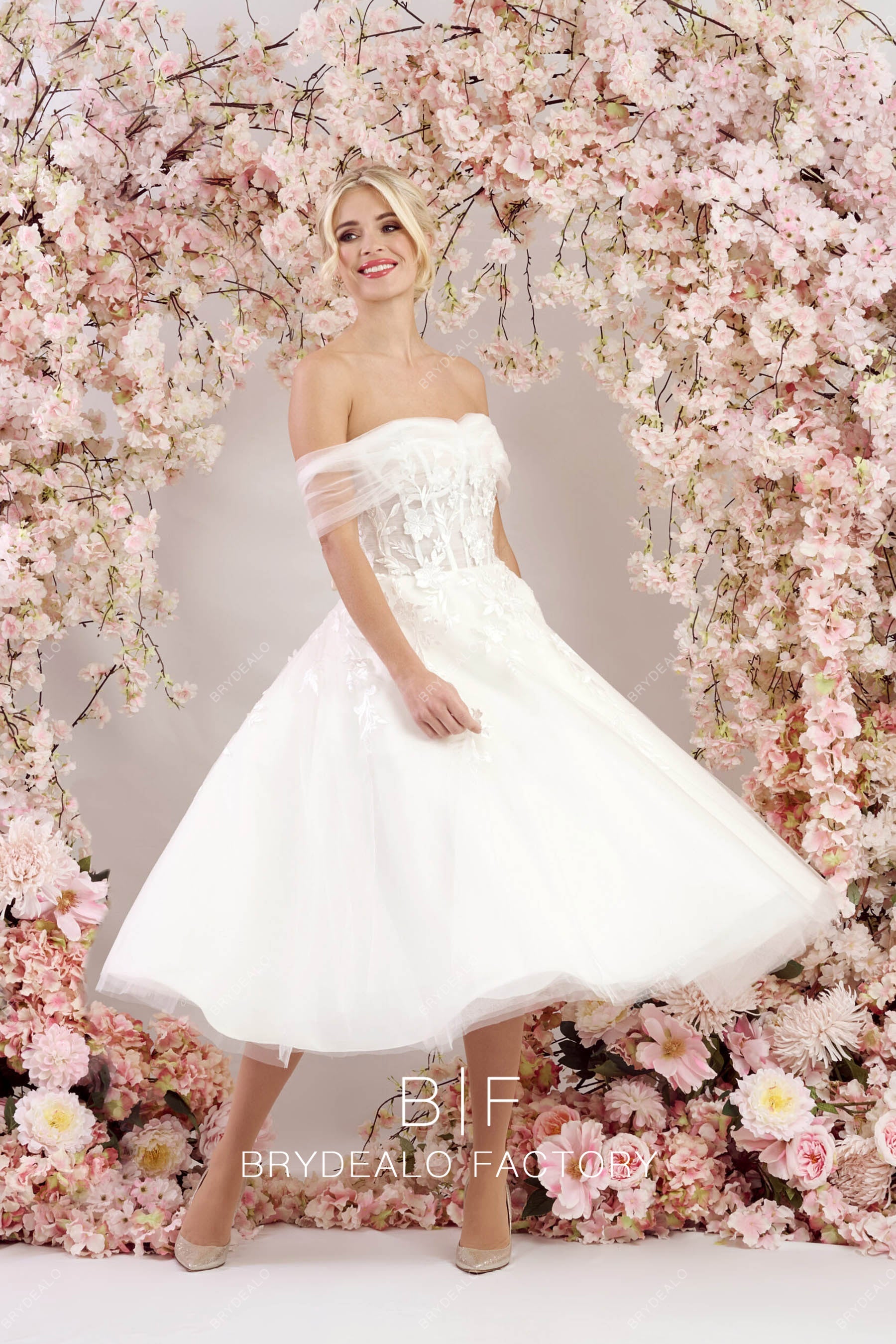 Illusion Corset Custom Off Shoulder Tea-Length Puffy Wedding Dress Illusion Corset Custom Off Shoulder Tea-Length Puffy Wedding Dress
