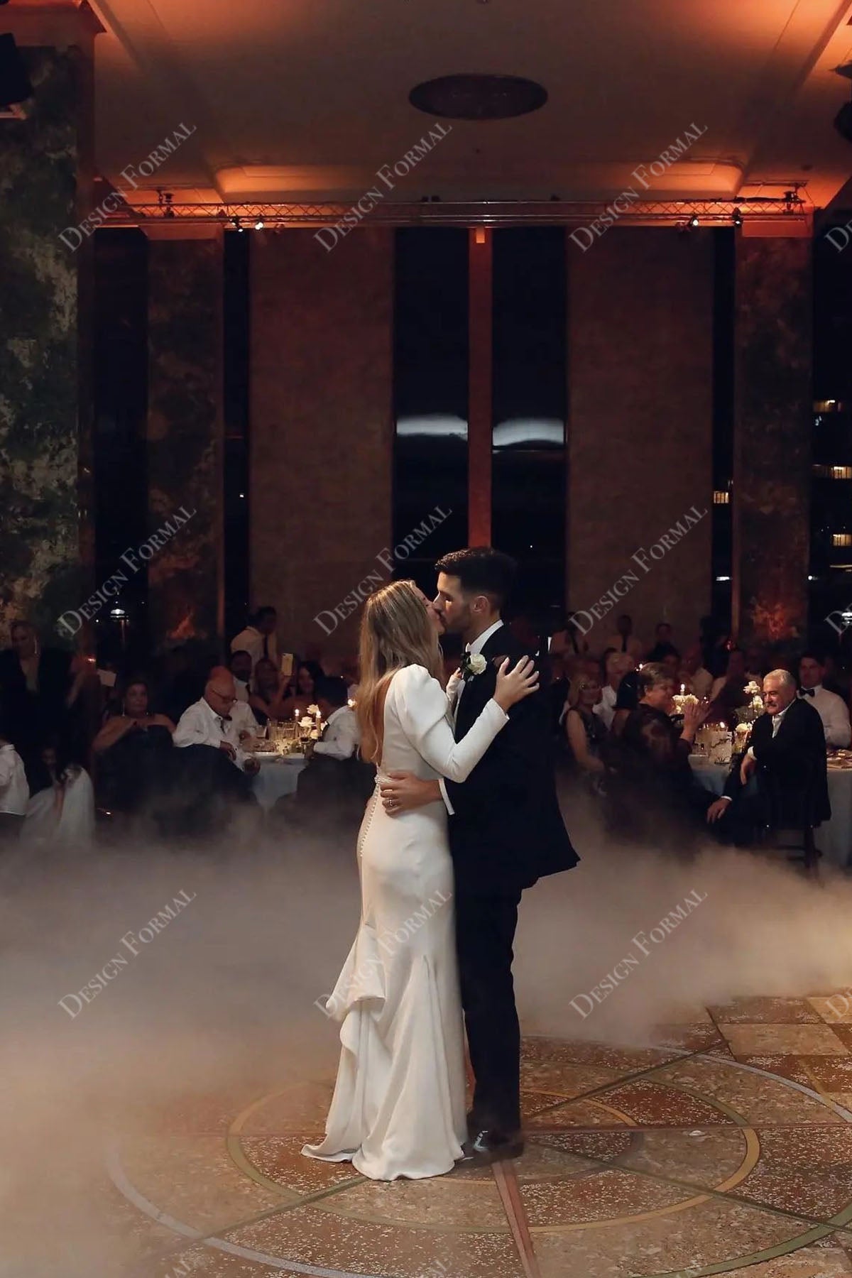 crepe puffy sleeve V-back pearls mermaid wedding dress