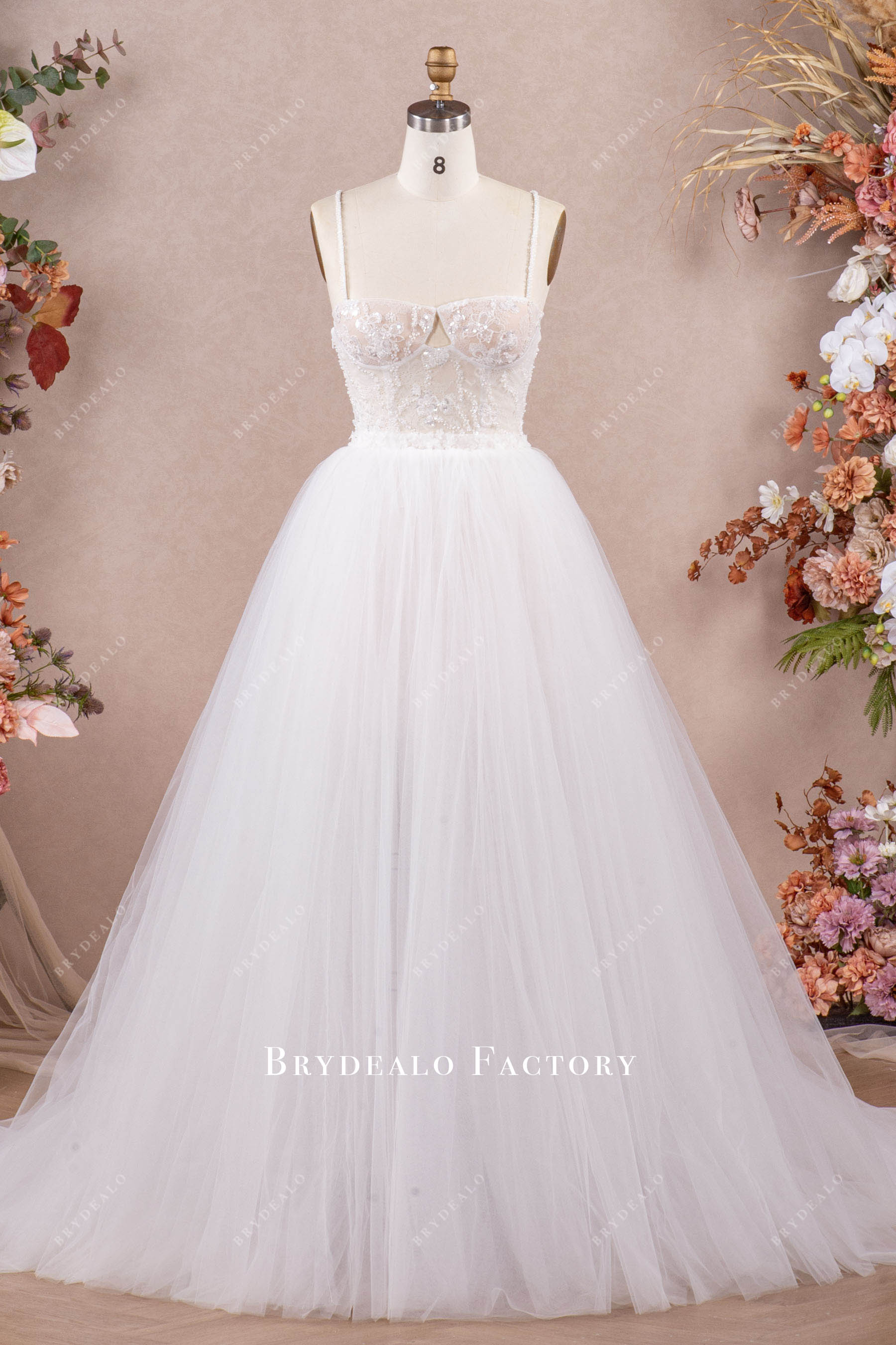 Spaghetti Straps Lace Corset Convertible Tulle Modern Wedding Dress, White / Bodycon + Overskirt Spaghetti Straps Lace Corset Convertible Tulle Modern Wedding Dress, White / Bodycon + Overskirt