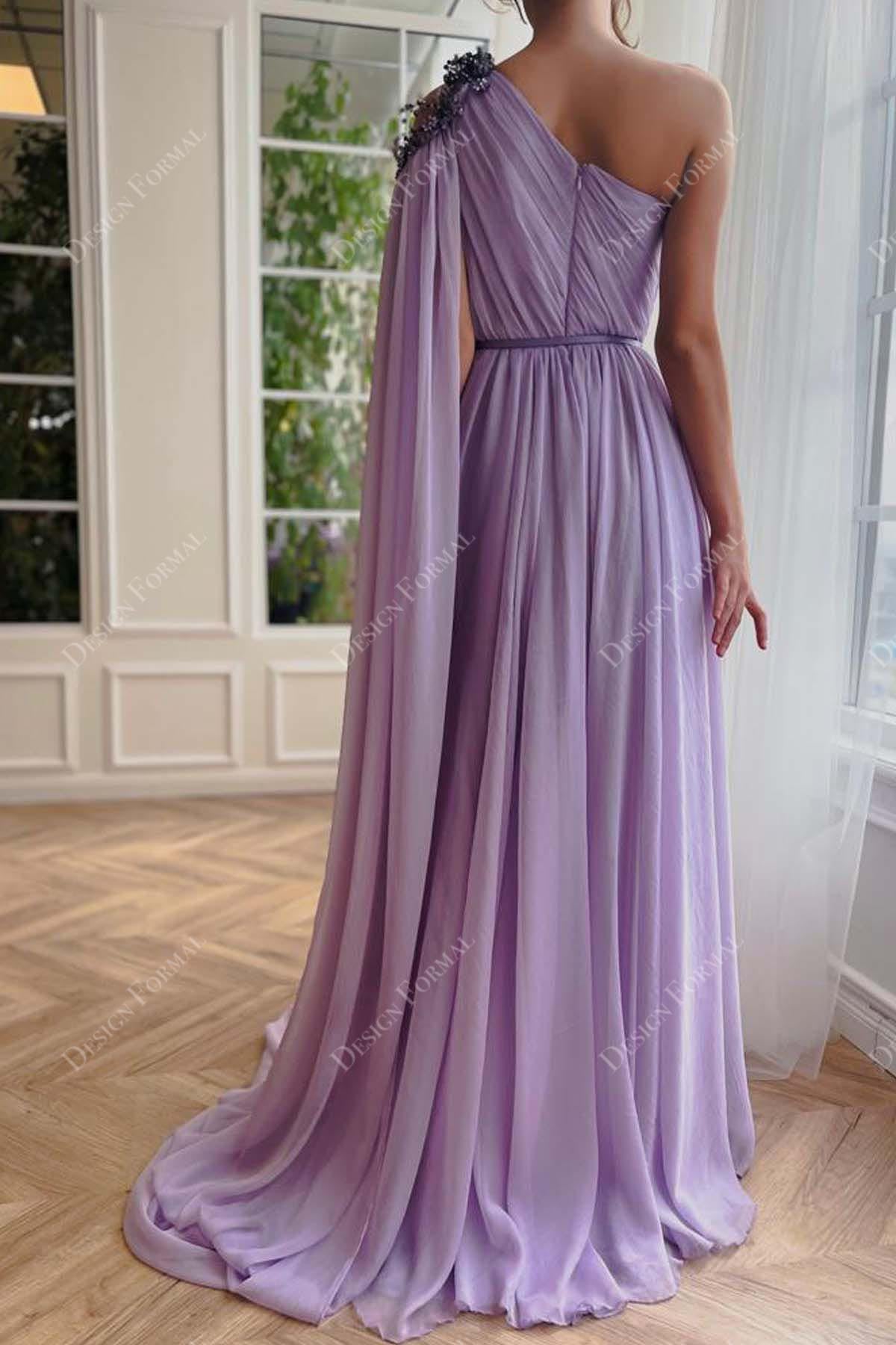 purple chiffon A-line sweep train evening gown