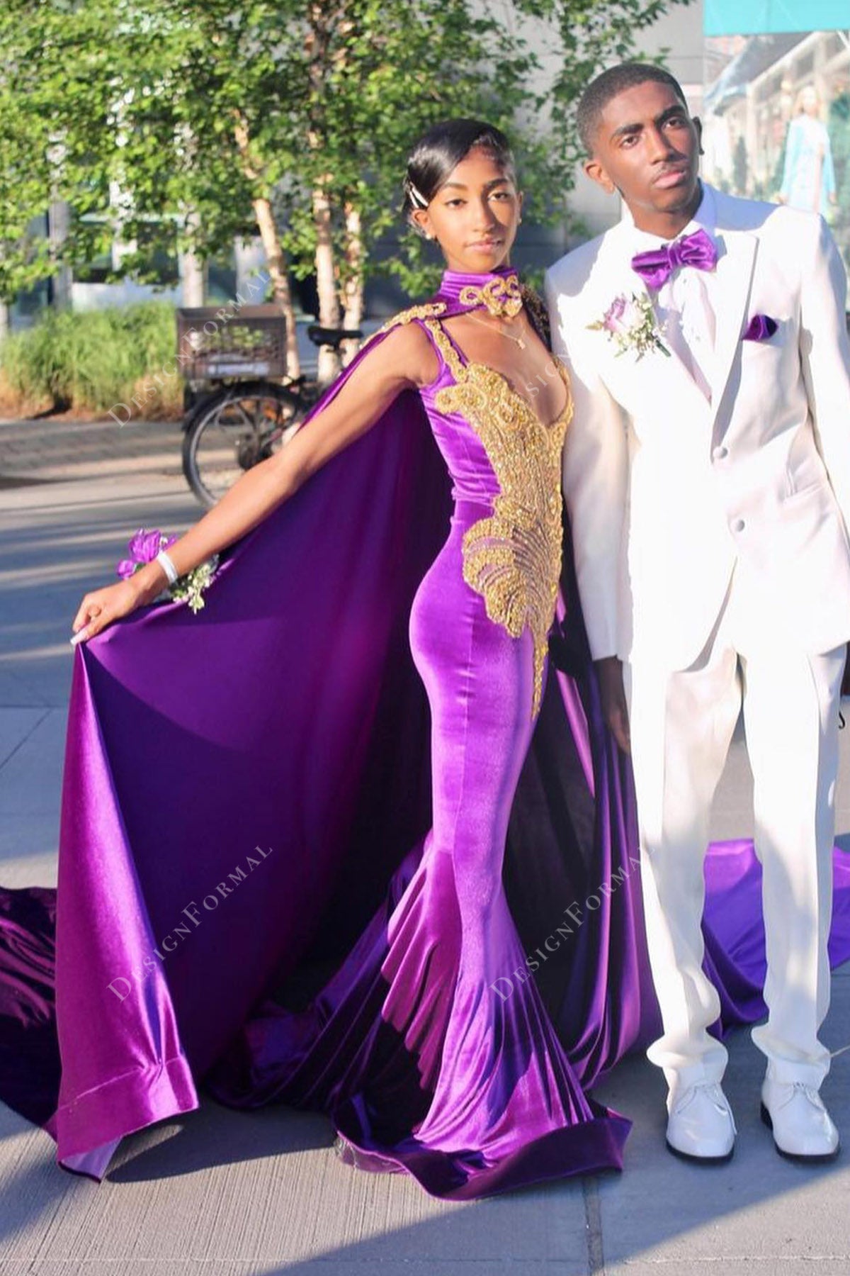 Raspberry Mermaid Velvet Gold Beaded Cape Handmade Prom Dress Raspberry Mermaid Velvet Gold Beaded Cape Handmade Prom Dress