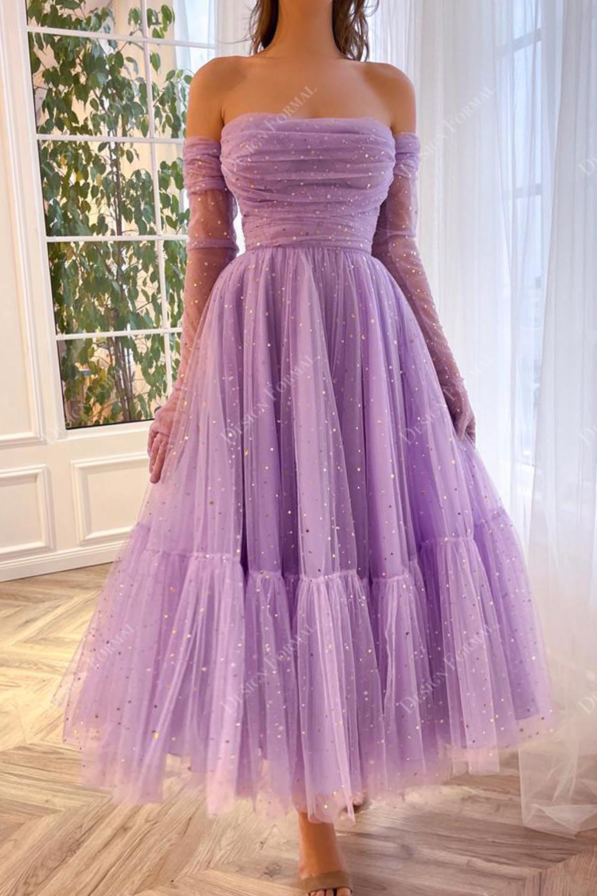 purple off shoulder ankle length pageant gown