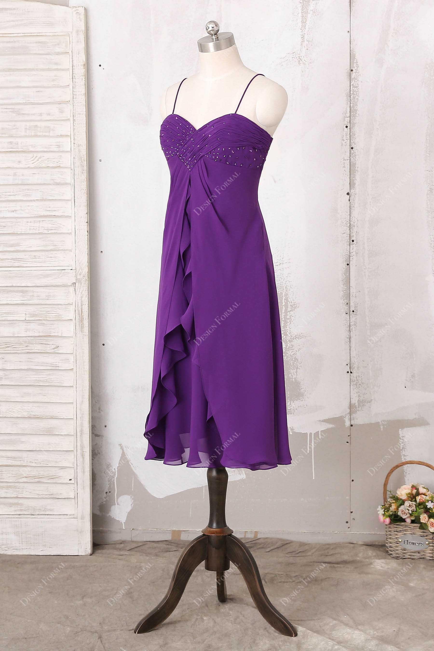purple thin straps ruched bridesmaid dress