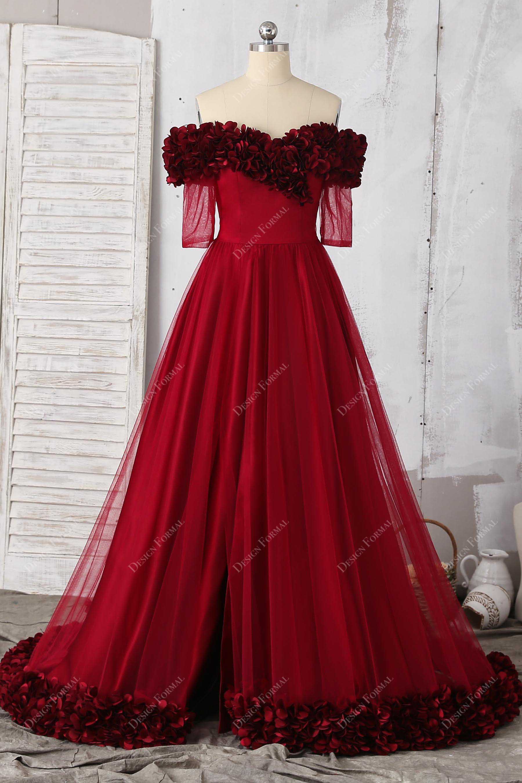 Burgundy 3D Petals Ruby Red Off Shoulder Tulle Slit Fairy Prom Dress