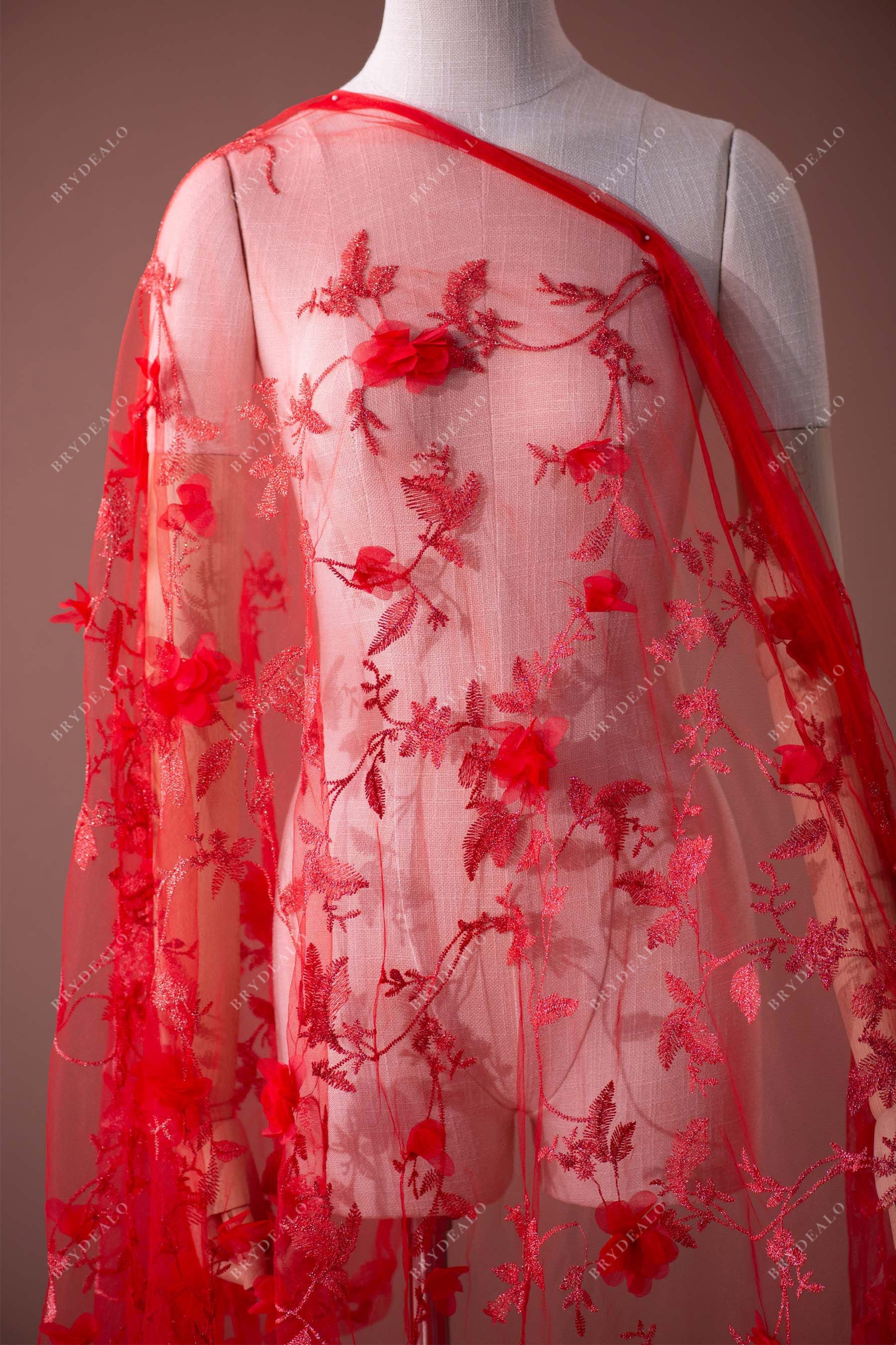 Classic Red 3D Flower Lace Fabric for Designer Dresses