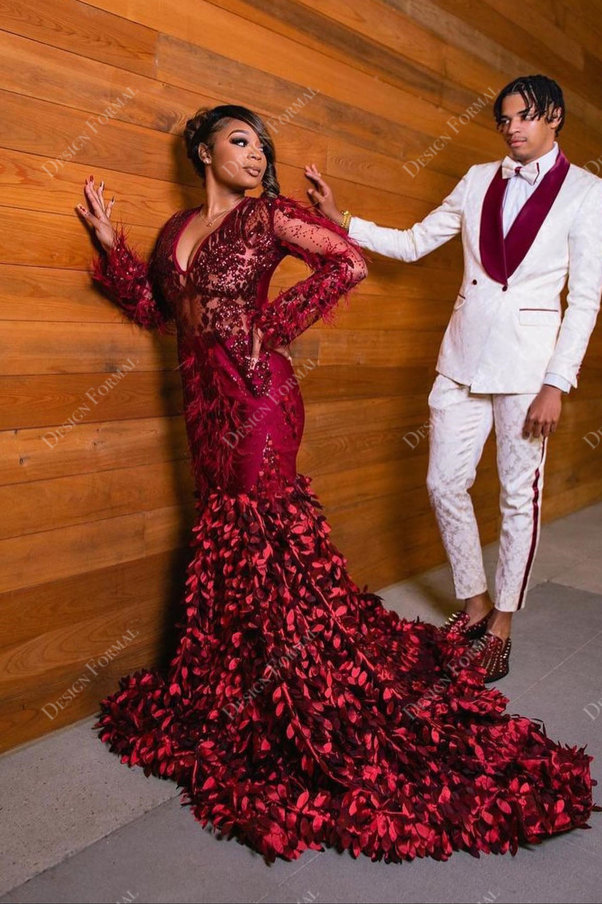 red V-neck sequin feather sheer sleeves 3D roses mermaid prom dress