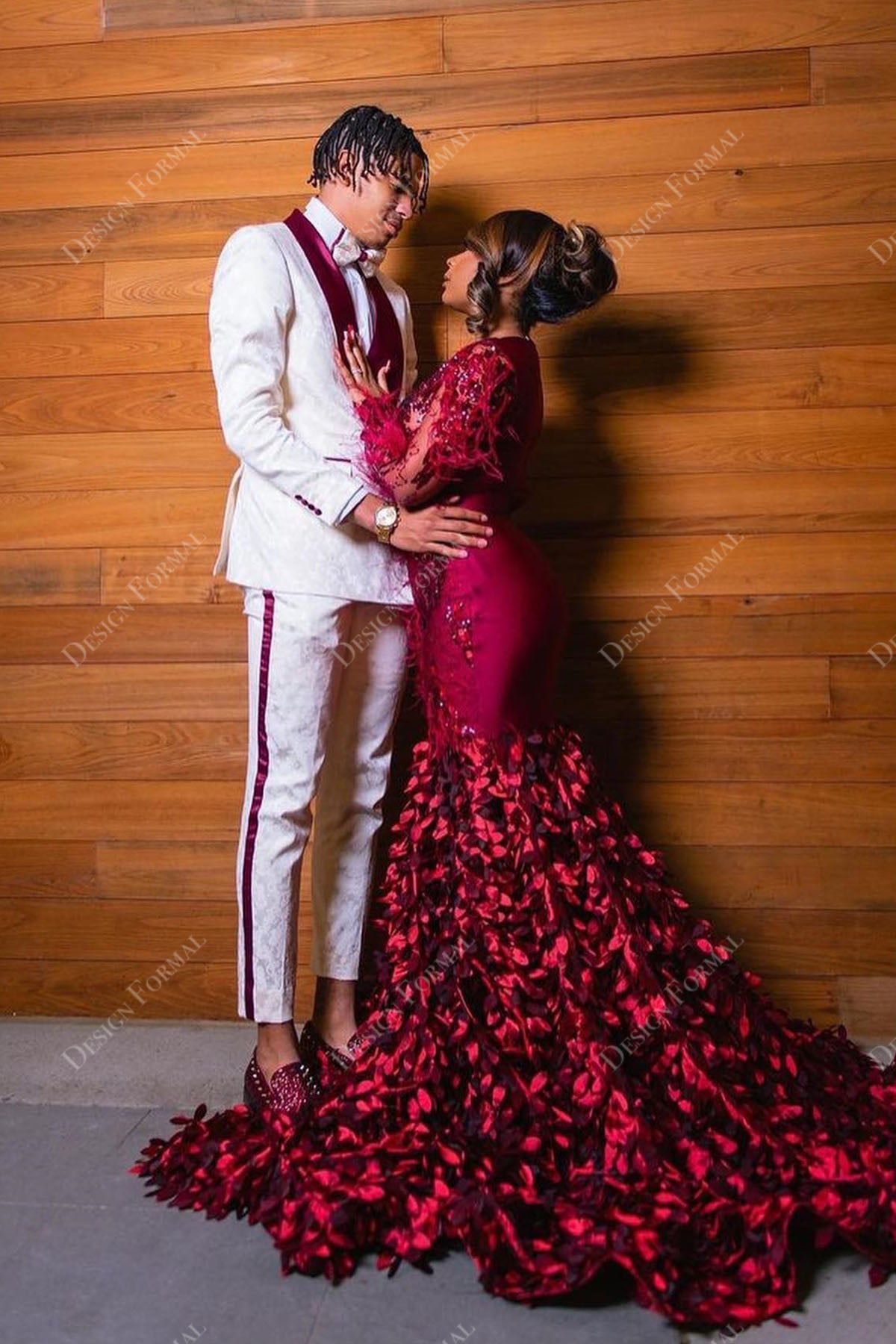 red feather sheer sleeve 3D roses mermaid prom gown