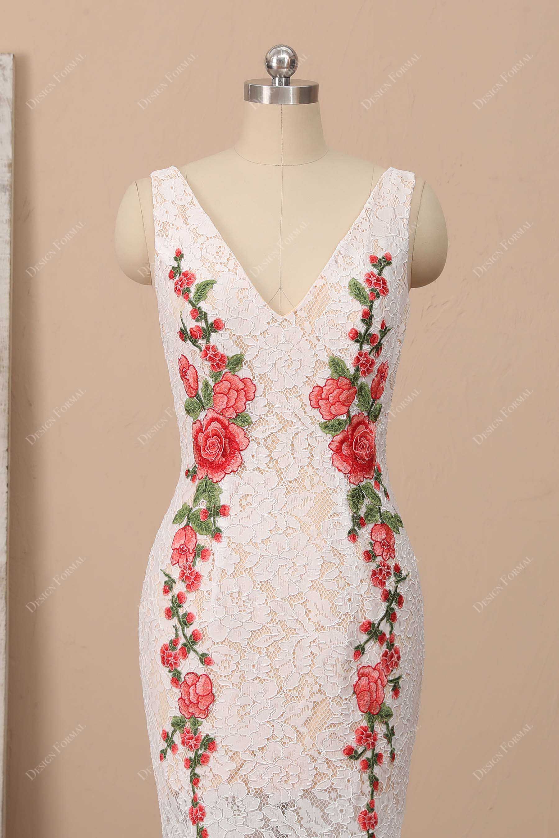 red appliqued light ivory lace V-neck dress