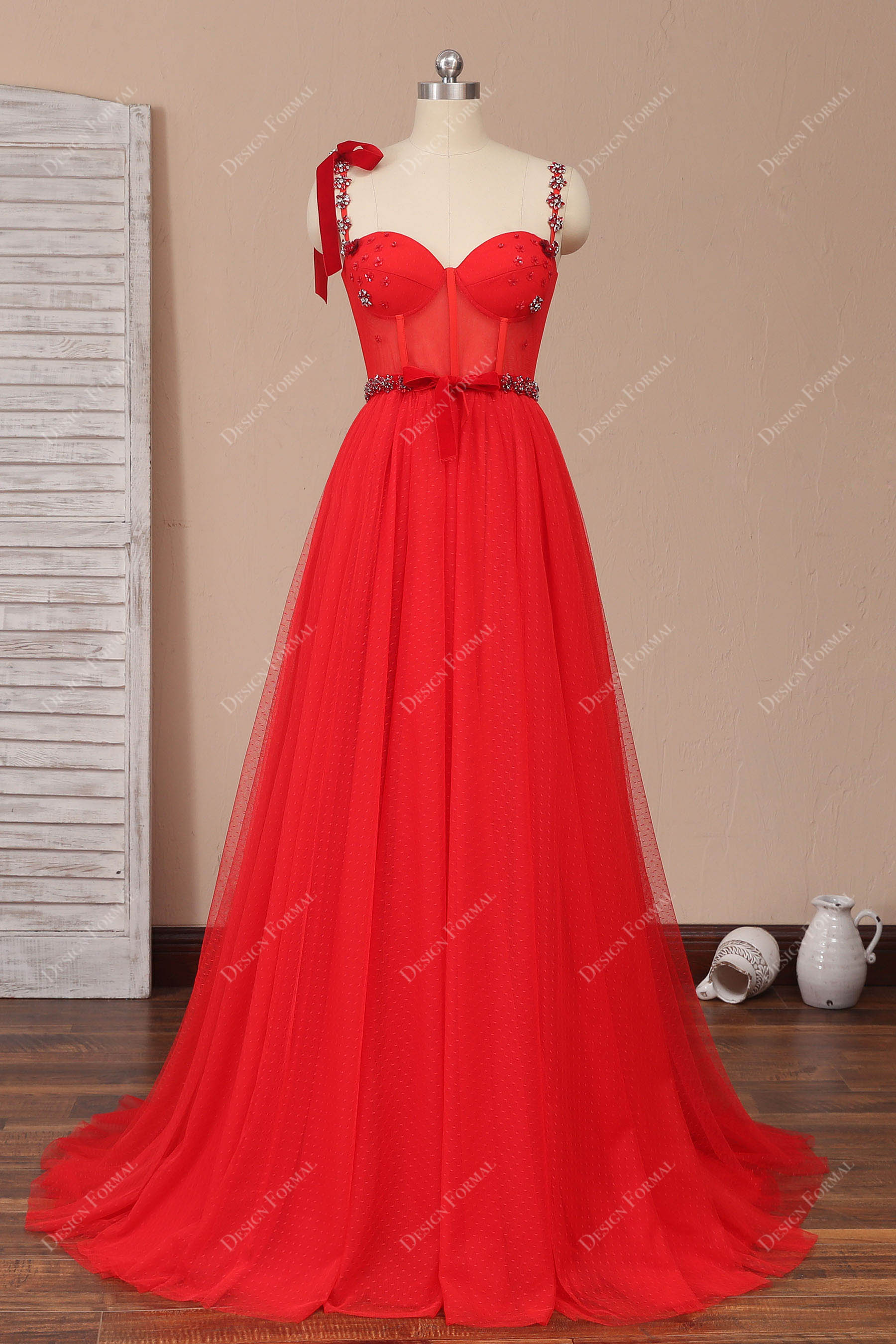 Red Corset Rhinestones Shoulder Tie Straps Fairy A-line Prom Dress Red Corset Rhinestones Shoulder Tie Straps Fairy A-line Prom Dress