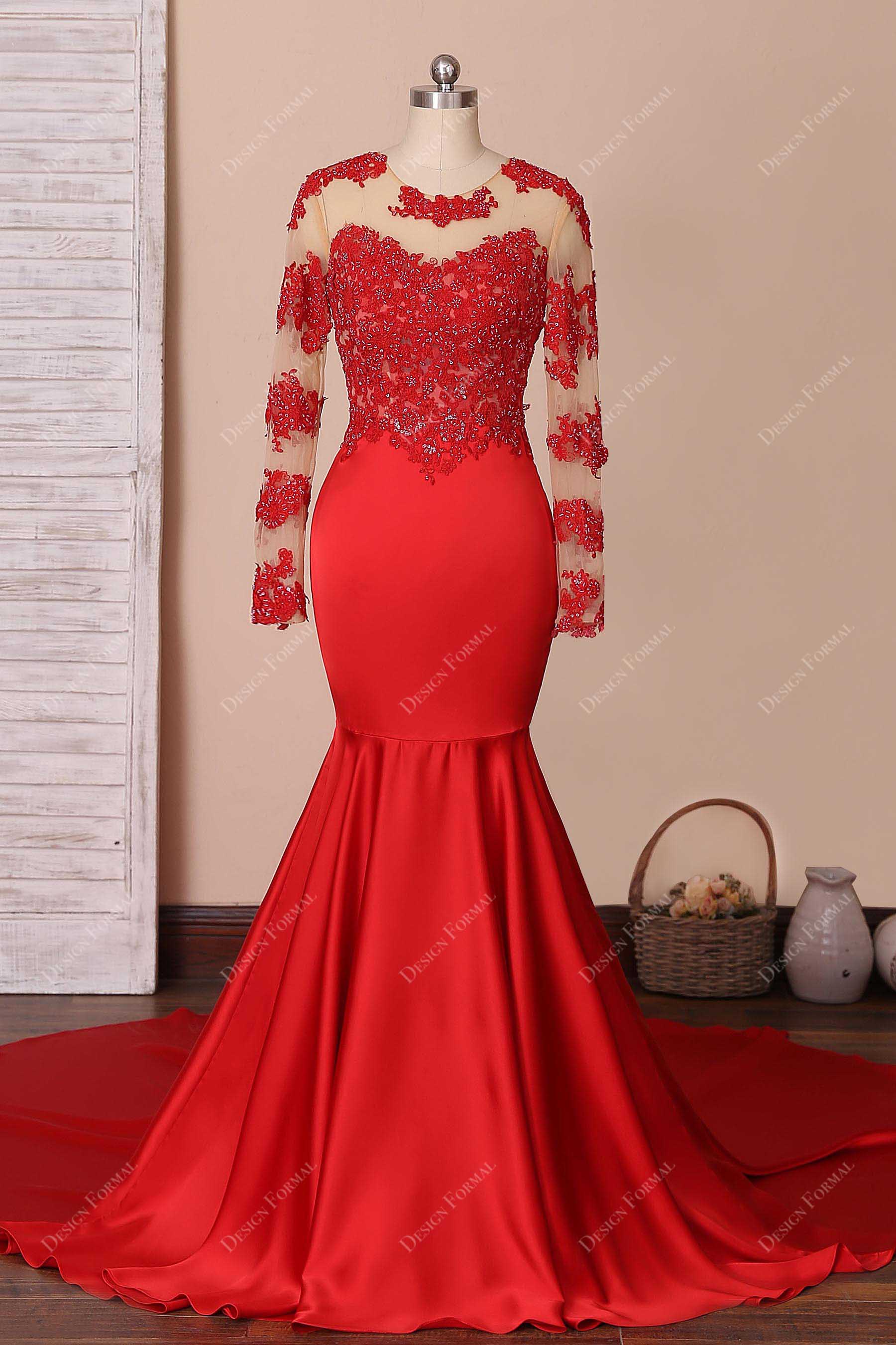 Red Lace Illusion Sleeve Dramatic Long Train Trumpet Satin Prom Dress Red Lace Illusion Sleeve Dramatic Long Train Trumpet Satin Prom Dress