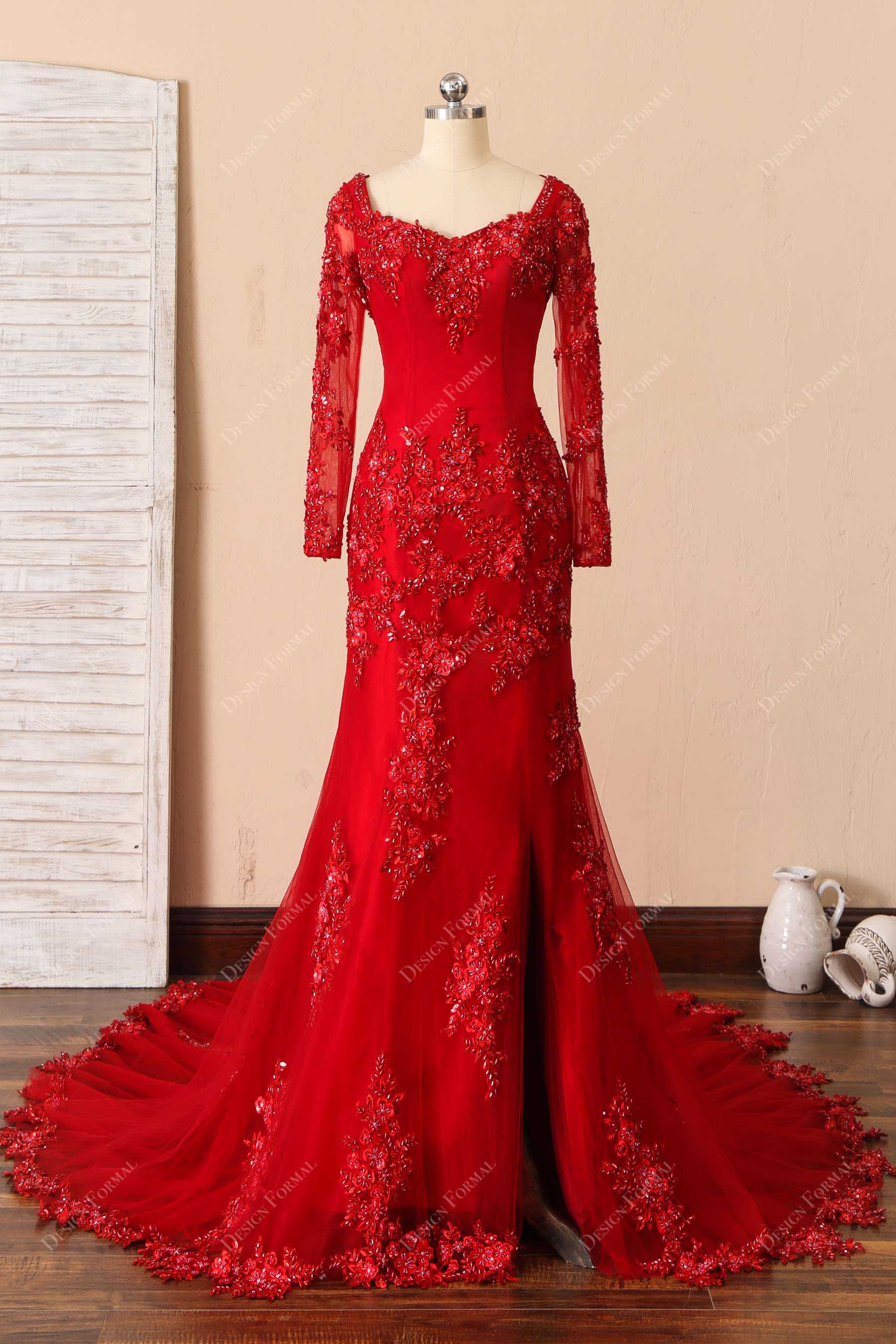 Red Beaded Lace Tulle Illusion Sleeve Mermaid Slit Prom Wedding Dress, Silver Red Beaded Lace Tulle Illusion Sleeve Mermaid Slit Prom Wedding Dress, Silver