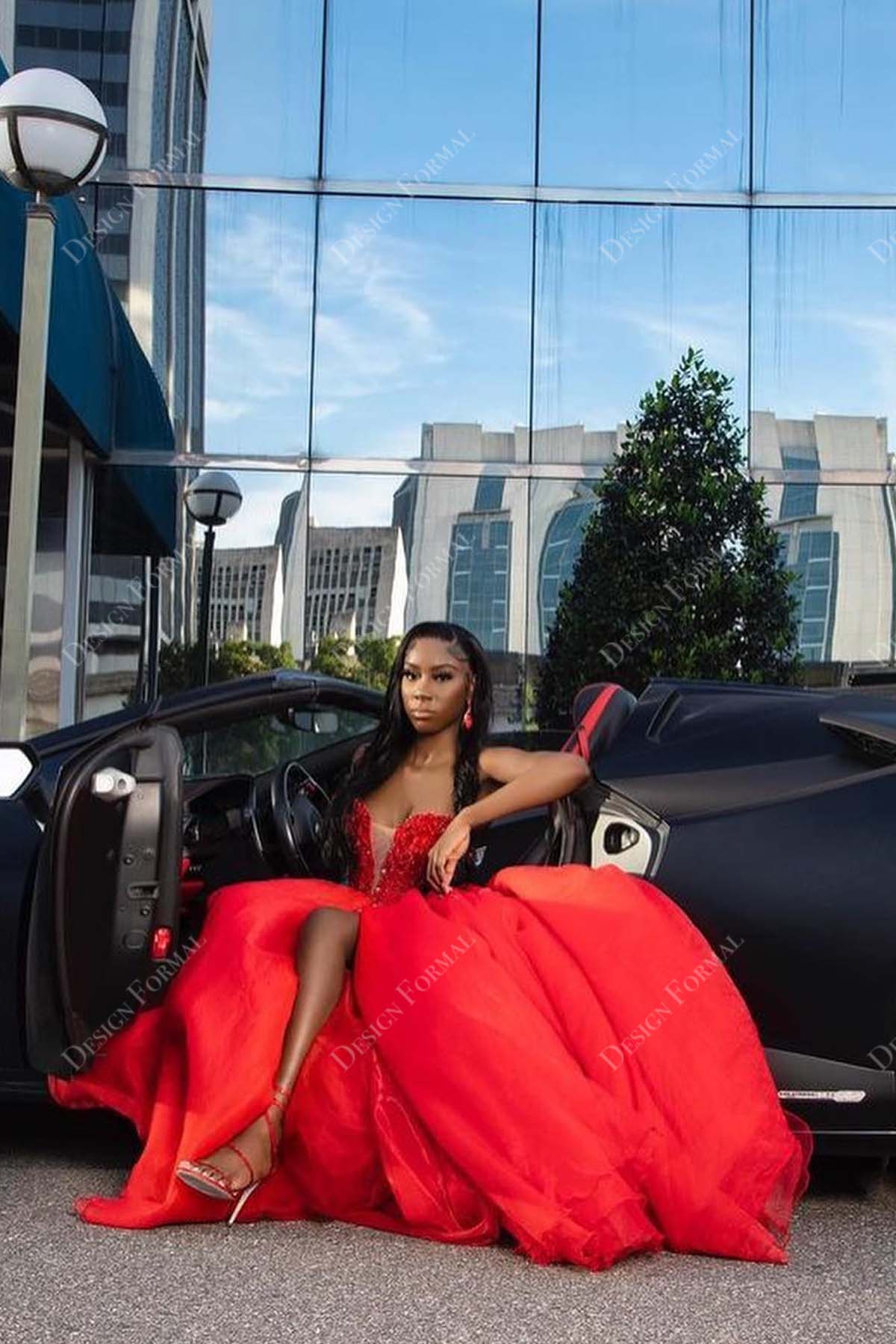 red beaded tulle plunging strapless crafted high slit prom gown