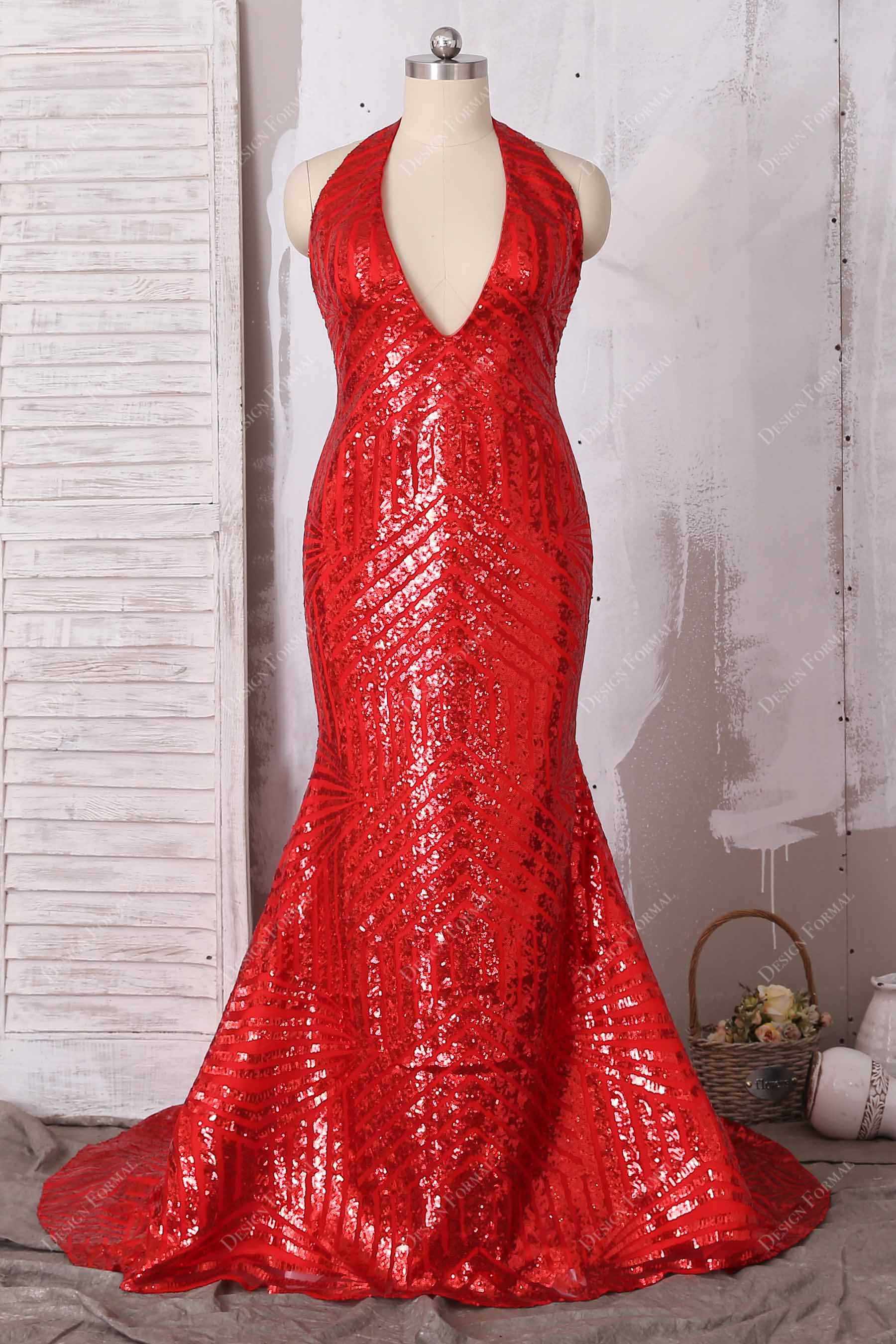 fitted lace wedding dress Plus Size Shiny Ruby Striped Sequin Halter Plunging Mermaid Prom Dress