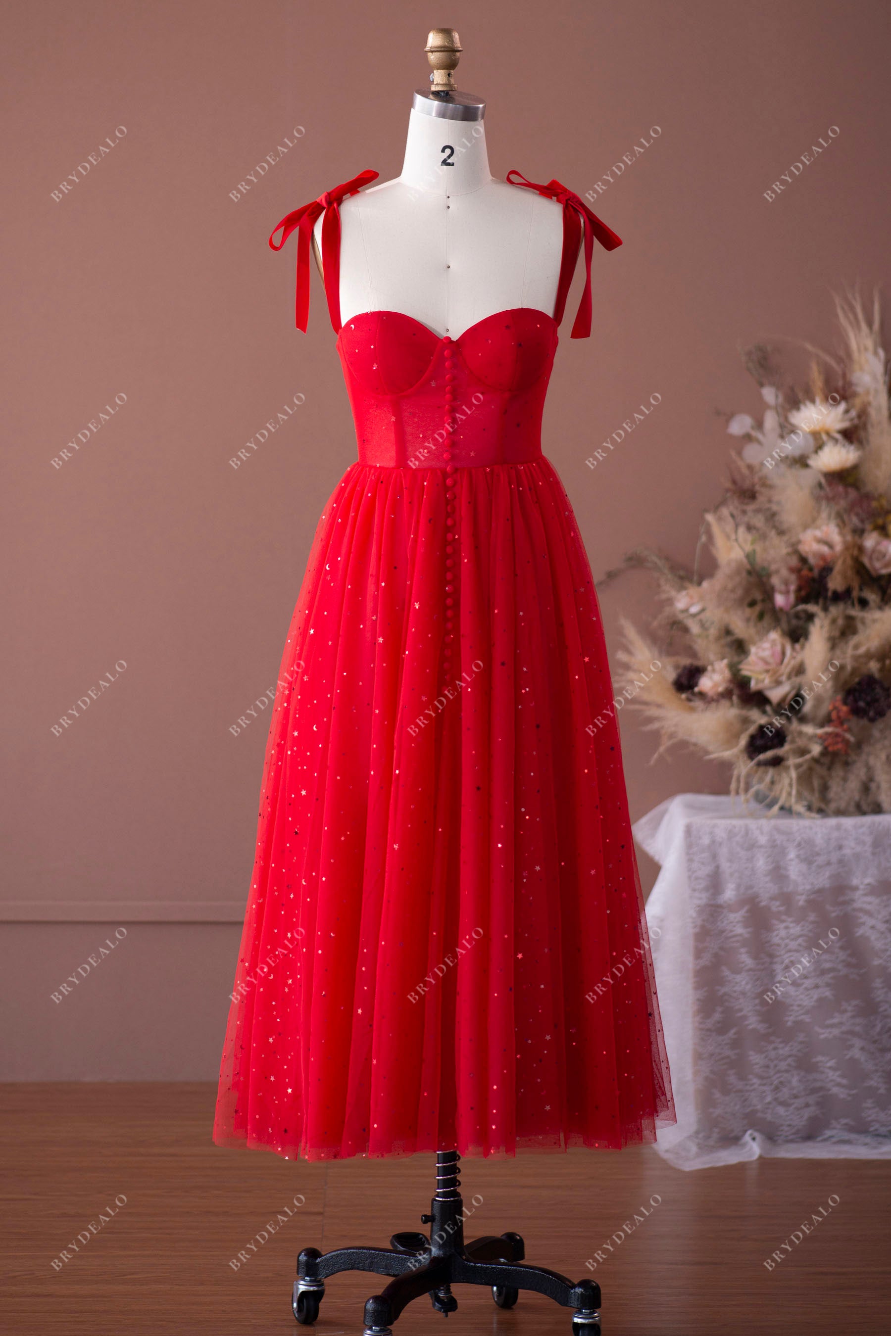 Red Straps Corset Star Tea Length Prom Formal Dress