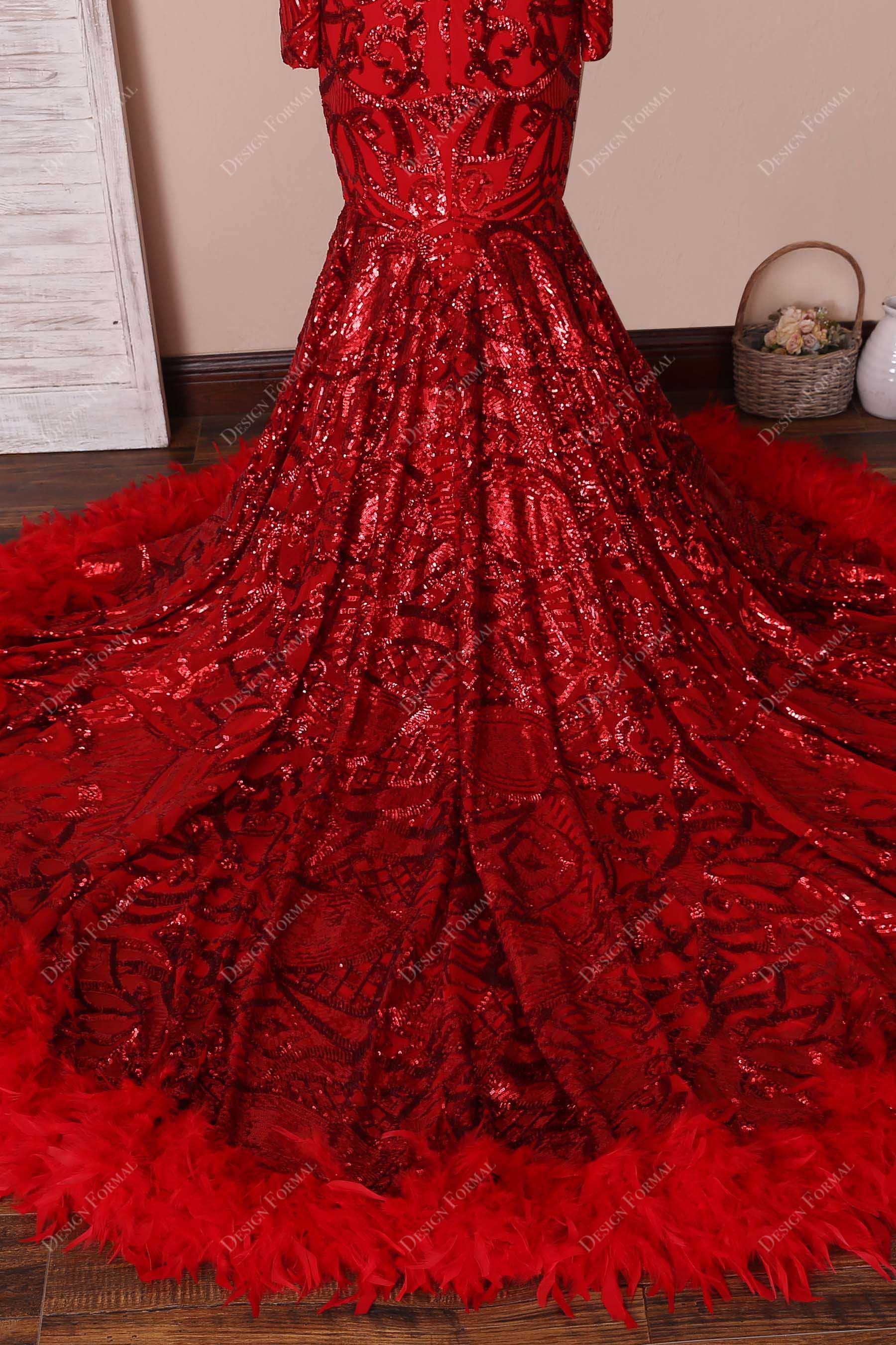 red feathers long train sequin prom dress
