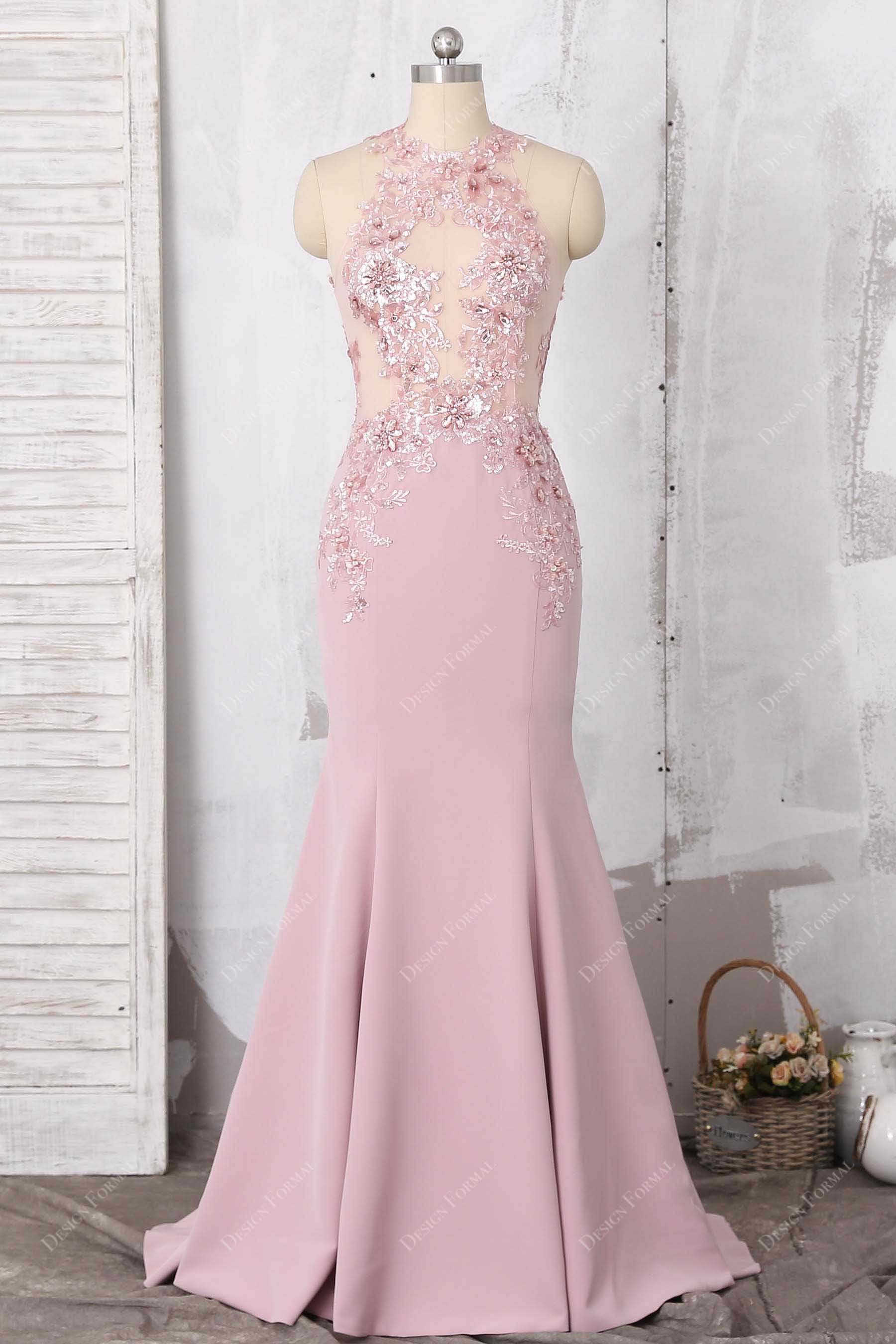 Sexy Illusion Beaded Lace Bodice Dusty Pink Prom Dress Sexy Illusion Beaded Lace Bodice Dusty Pink Prom Dress