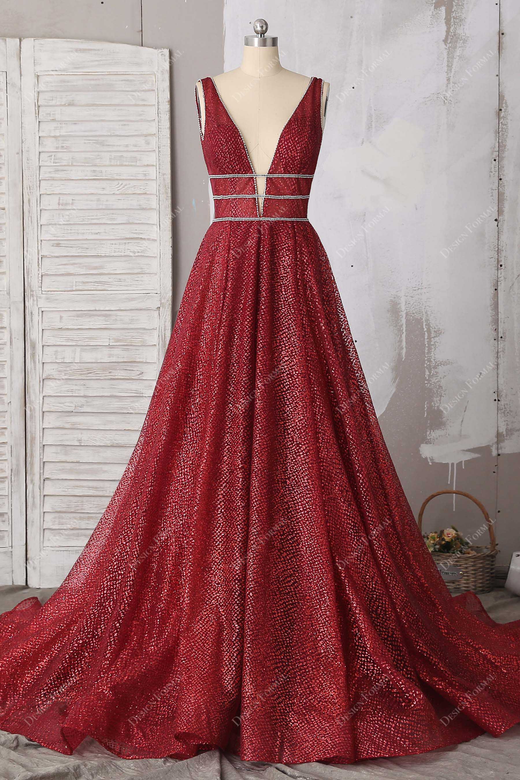 Metallic Ruby Glitter Plunging V-neck Designer Unique Formal Dress Metallic Ruby Glitter Plunging V-neck Designer Unique Formal Dress