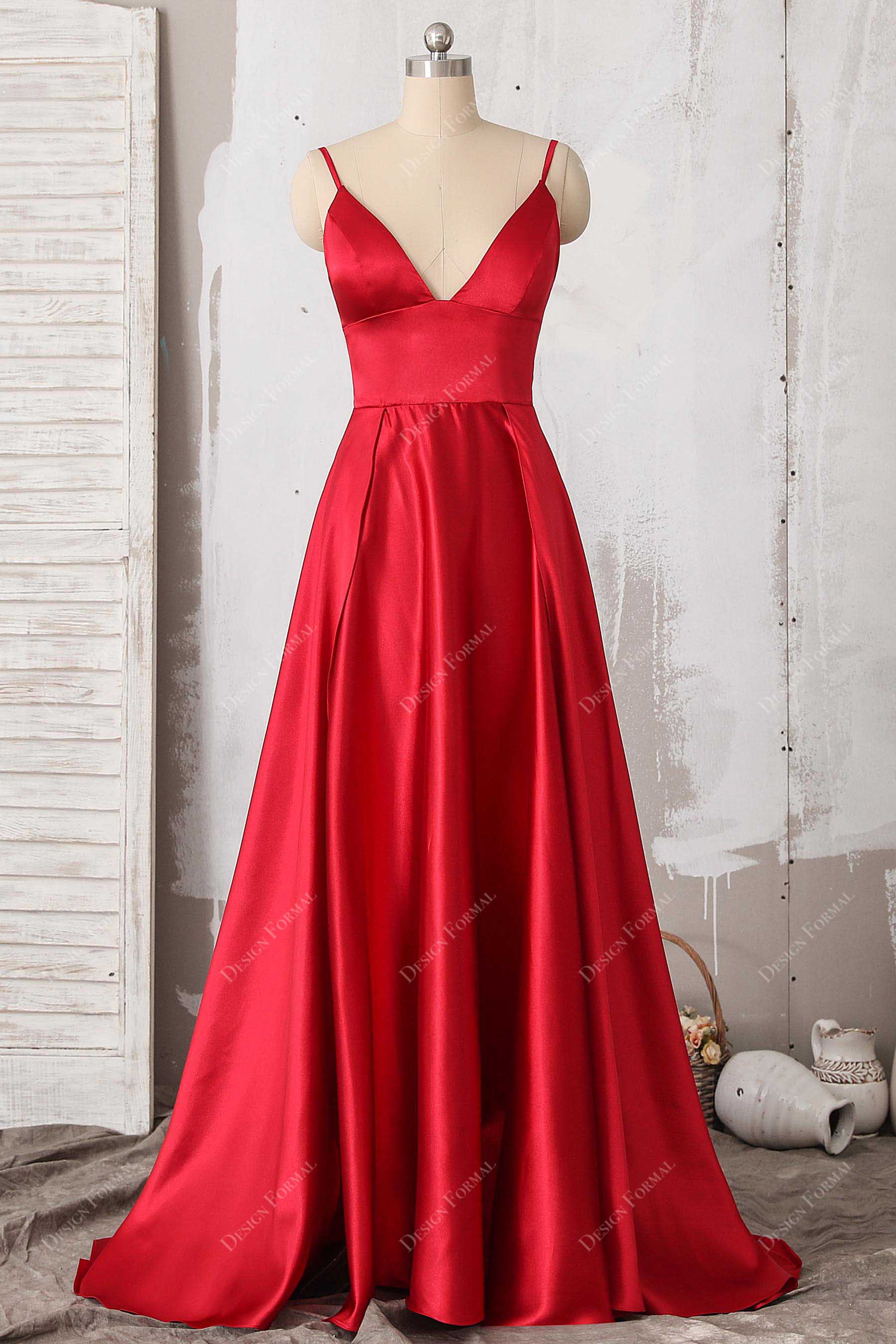 red glossy satin V-neck dress