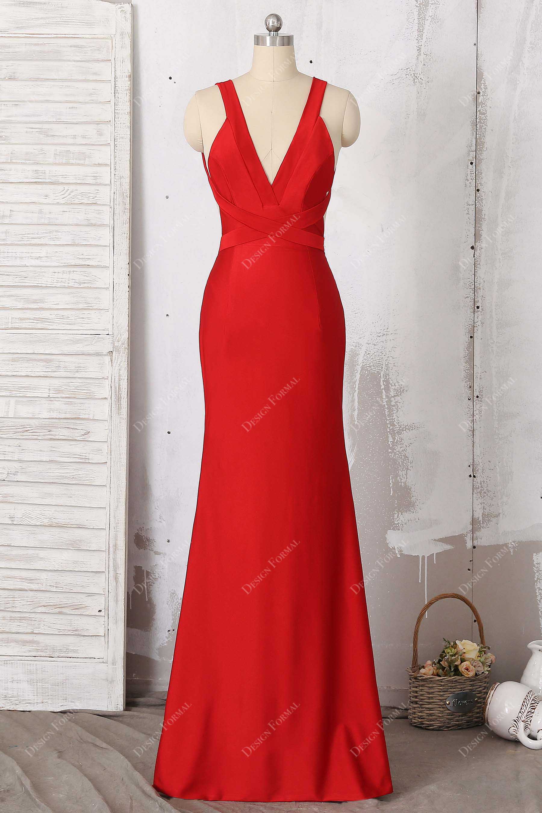 Red Jersey Wide Straps Plunging Neck Bridesmaid Prom Mermaid Dress Red Jersey Wide Straps Plunging Neck Bridesmaid Prom Mermaid Dress