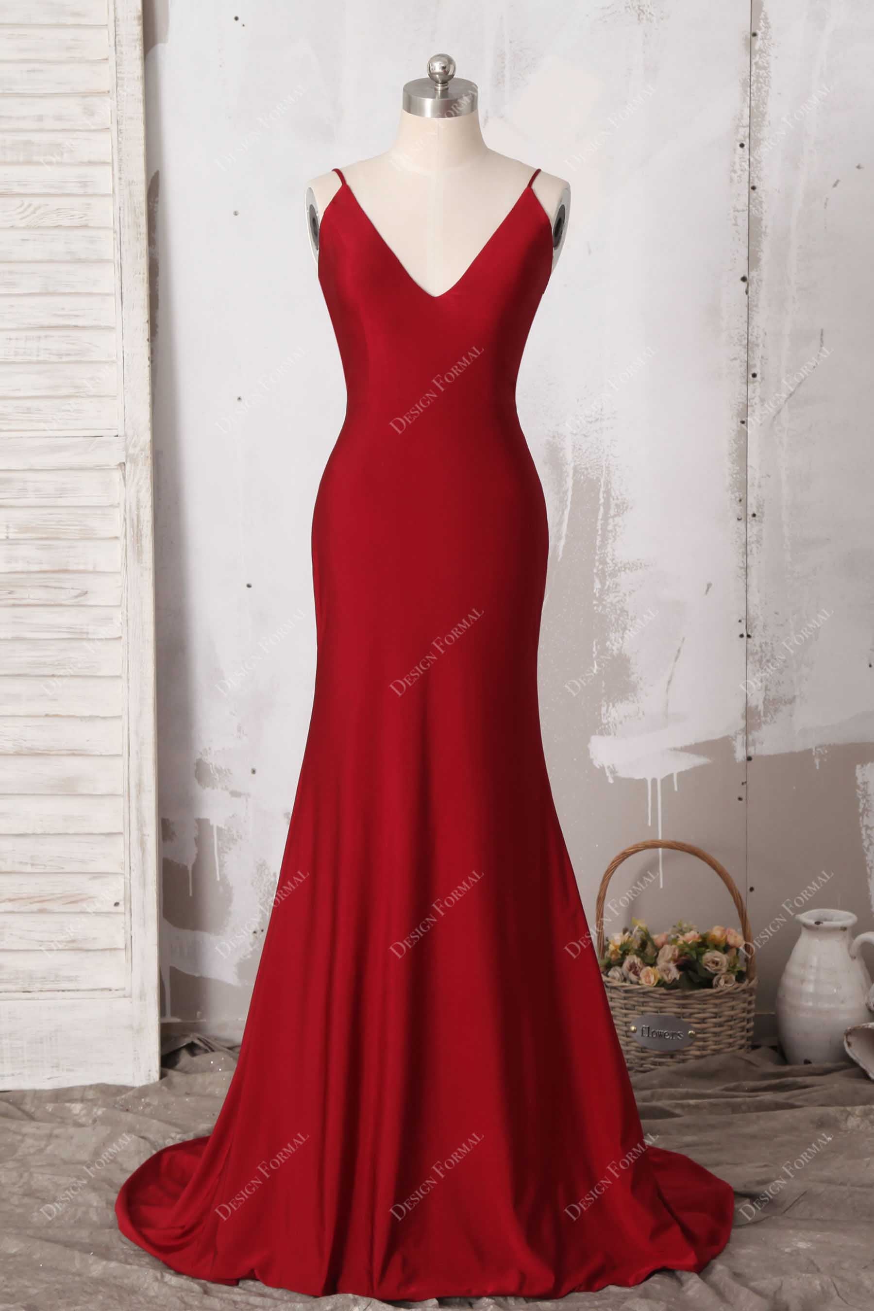 red v neck mermaid dress Red Jersey V-neck Simple Mermaid Sleeveless Evening Dress