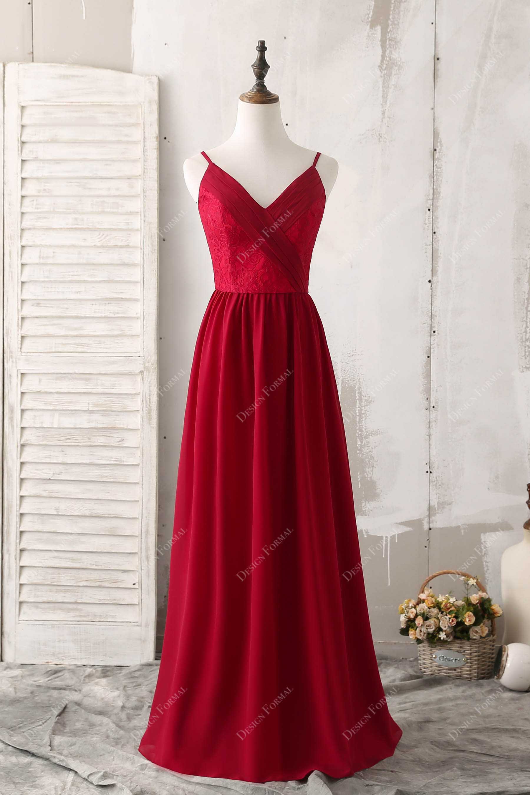 Red Lace Chiffon Thin Straps Bridesmaid Gown