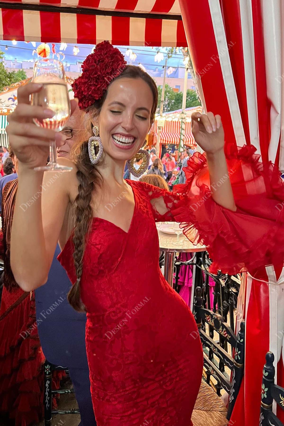 red lace one fluffy sleeve mermaid V-neck luxury prom gown