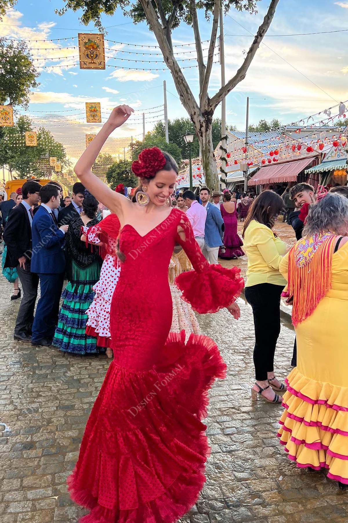 red lace one fluffy sleeve tiered trumpet long prom gown