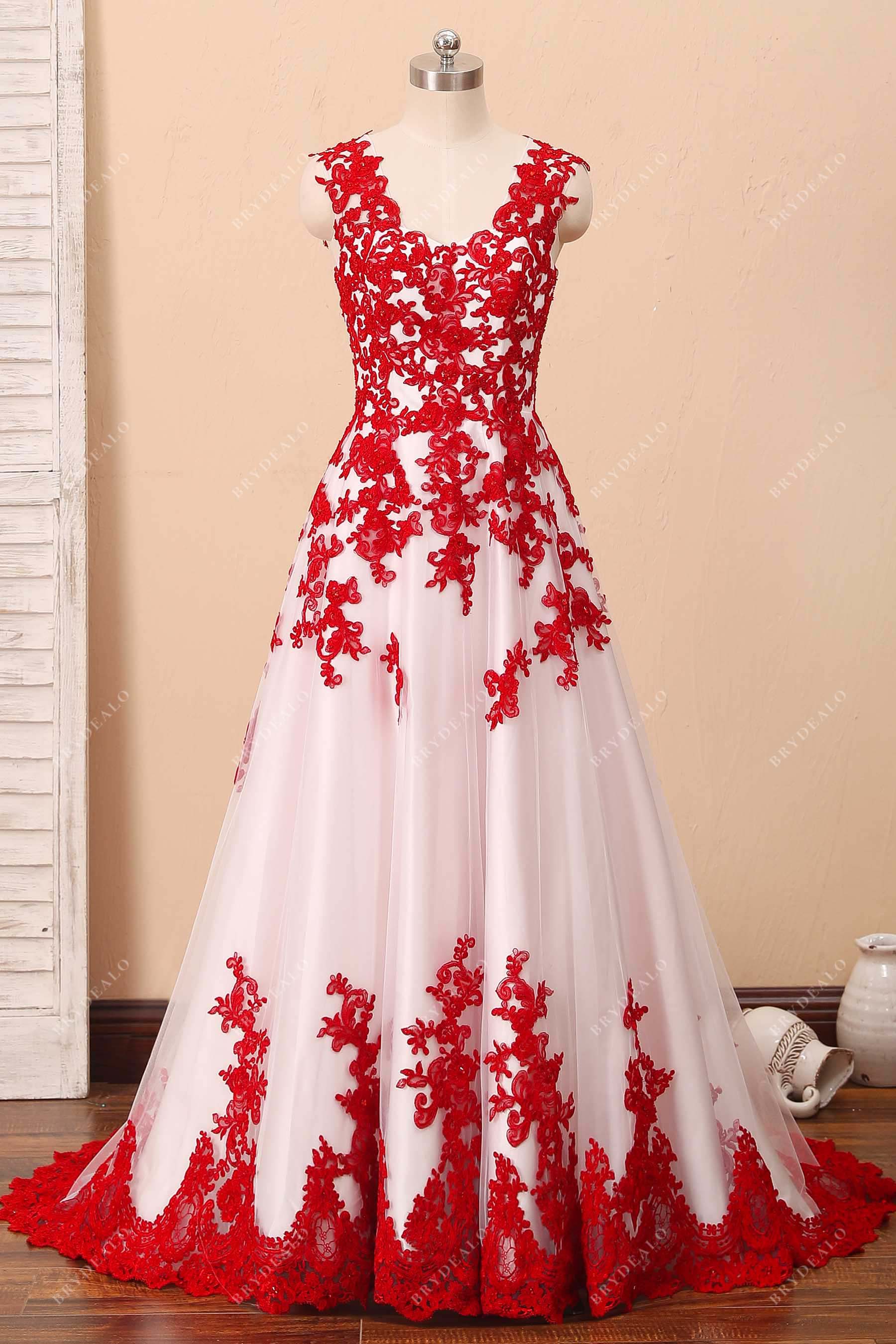 Fancy Red Lace White Satin V-neck Tank Sleeve Wedding Dress, Red Fancy Red Lace White Satin V-neck Tank Sleeve Wedding Dress, Red