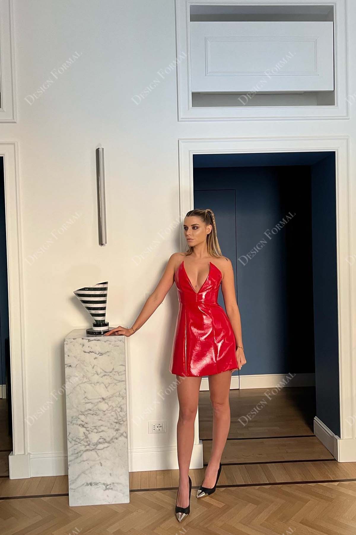 shiny red lame strapless pointy V-neck cocktail prom dress