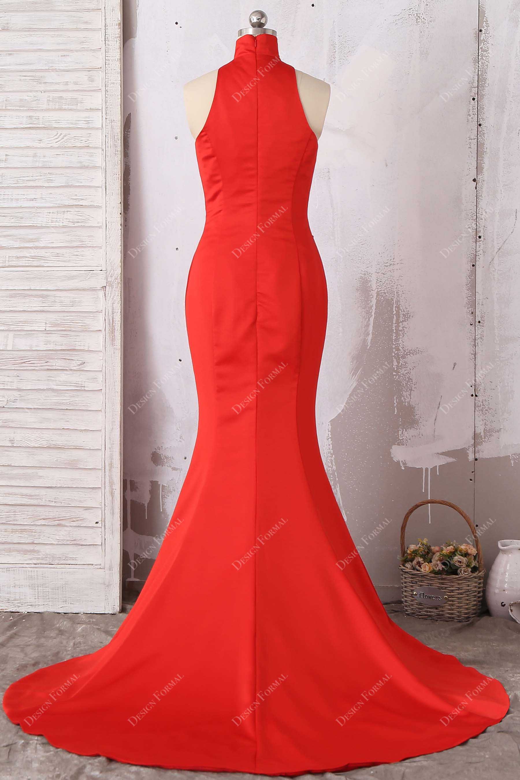 red mermaid satin sleeveless evening gown