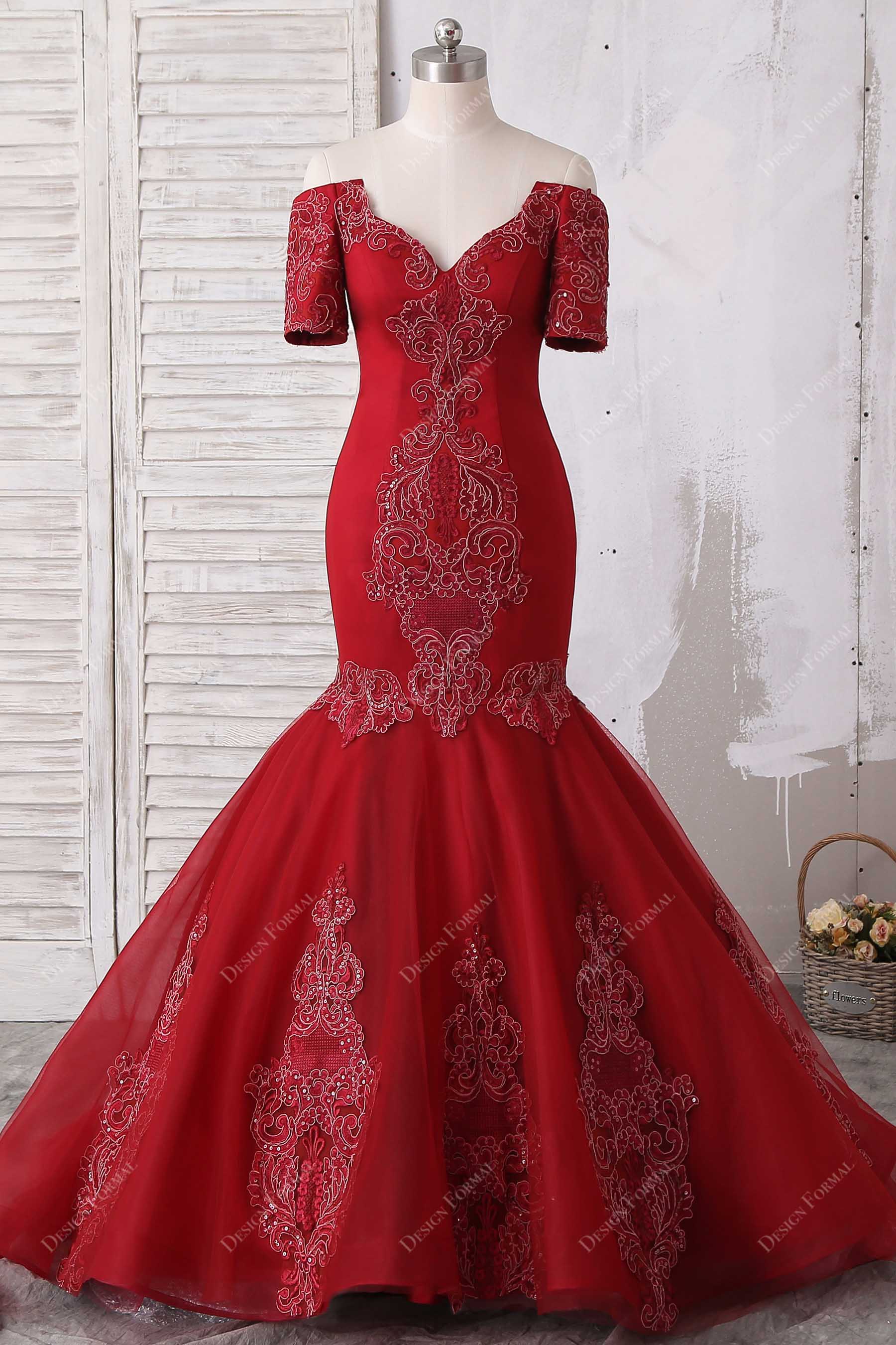 red off-shoulder lace tulle trumpet prom dress
