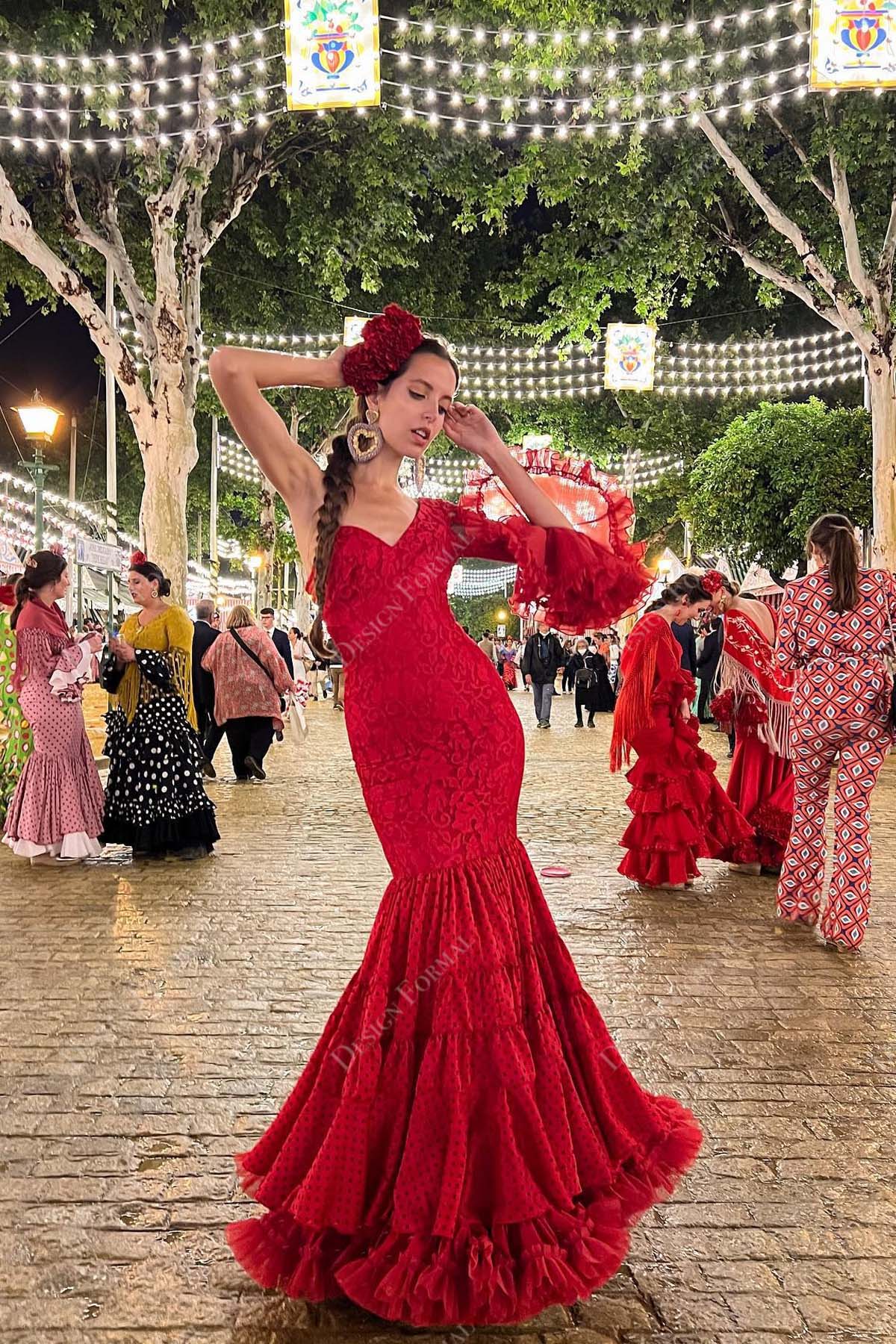 red one fluffy sleeve V-neck lace tiered prom dress
