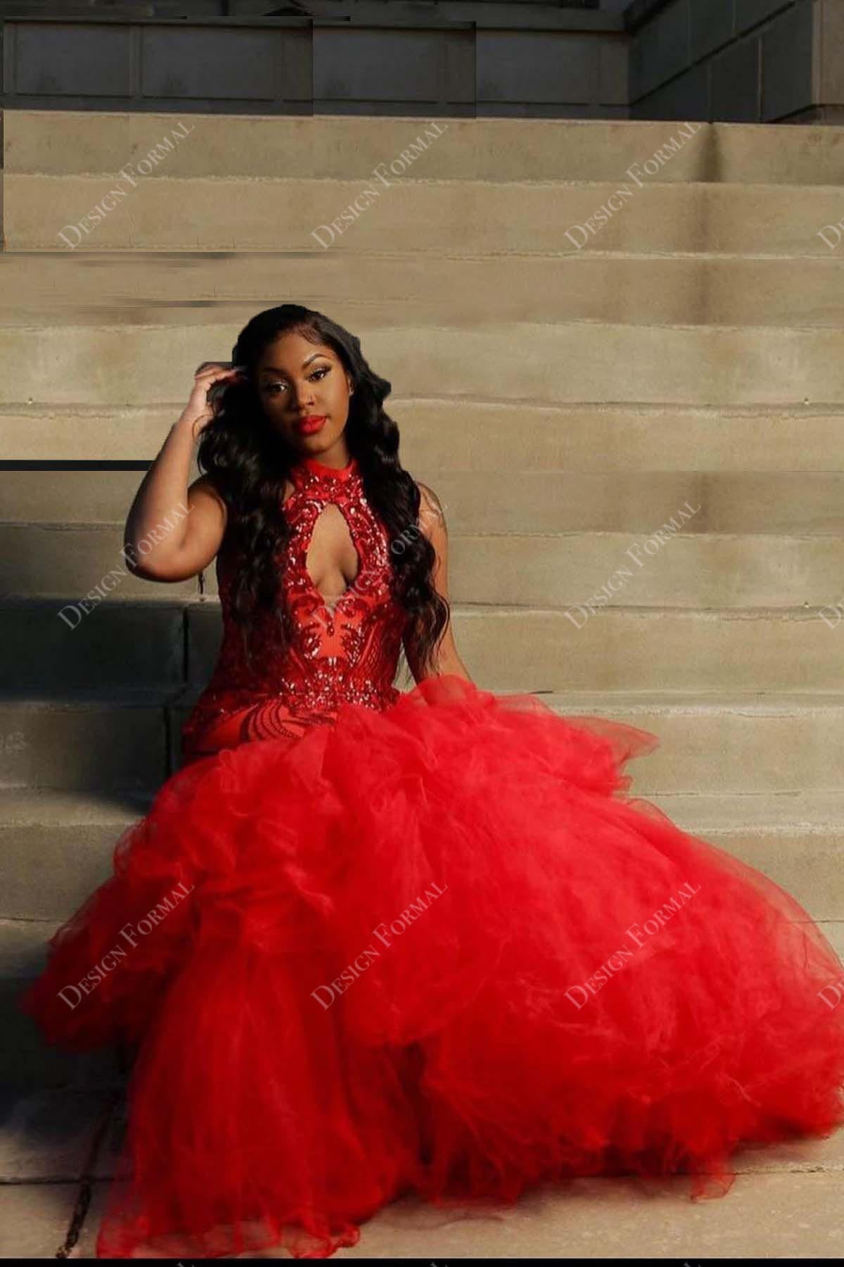 Red Ruffled Tulle Trumpet Prom Dress