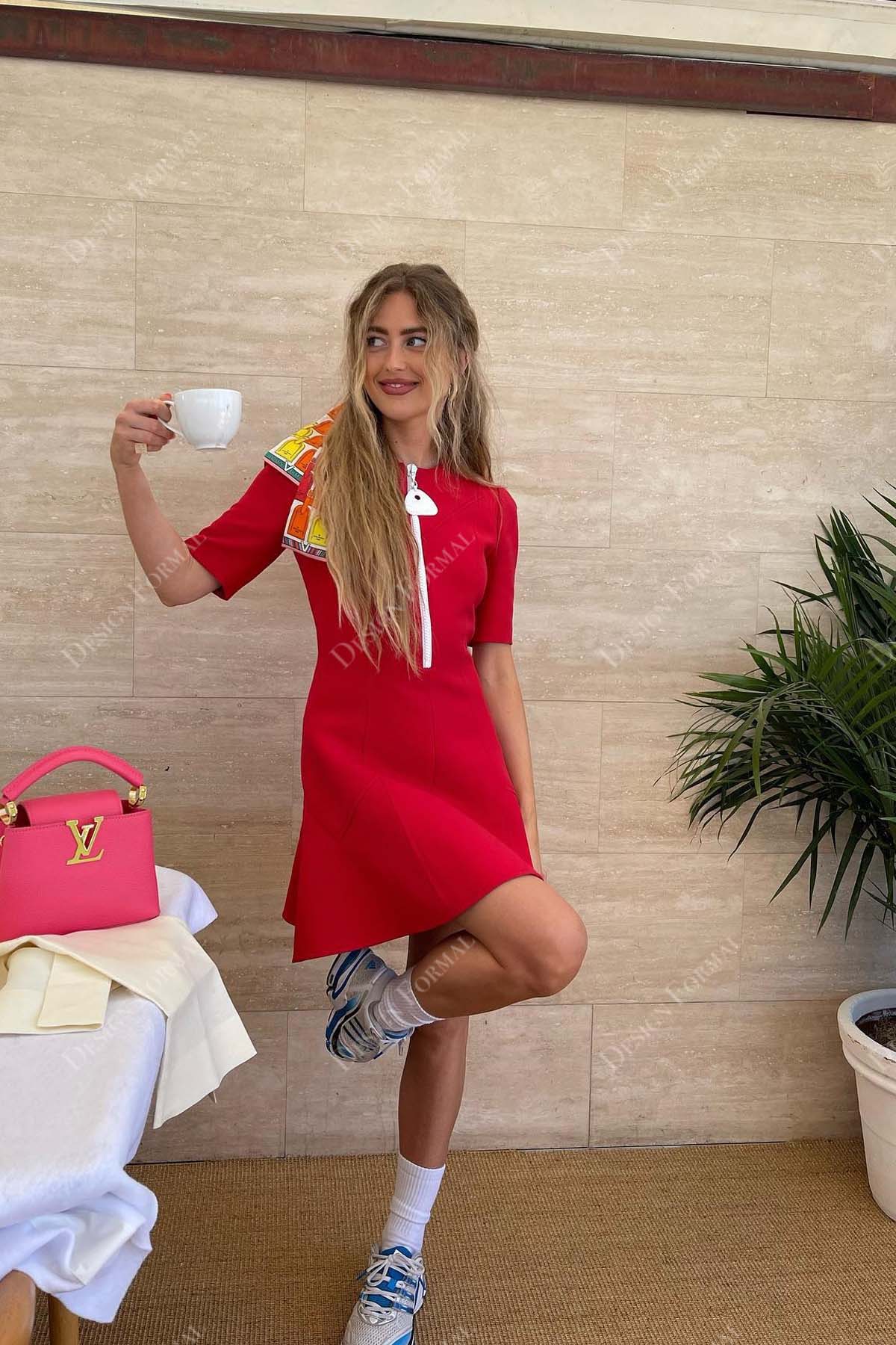 designer red half sleeves short A-line designer prom dress