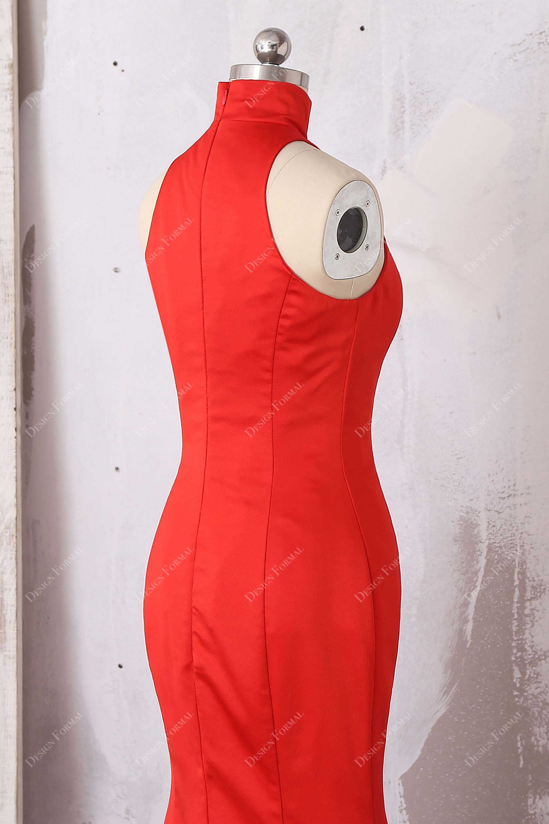 red satin high neck prom gown