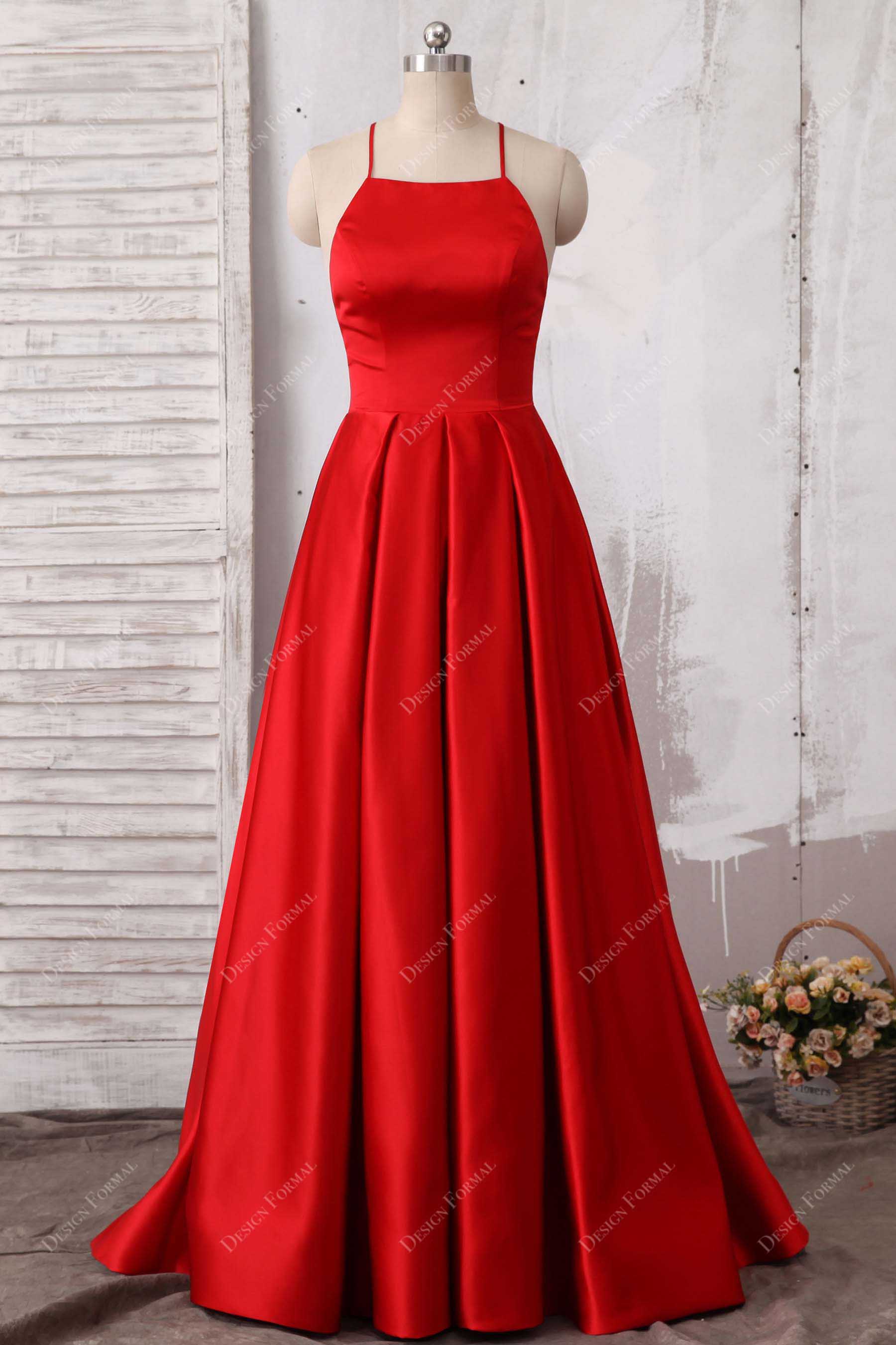 Elegant Red Satin Spaghetti Strap Prom Dress Open Back Elegant Red Satin Spaghetti Strap Prom Dress Open Back