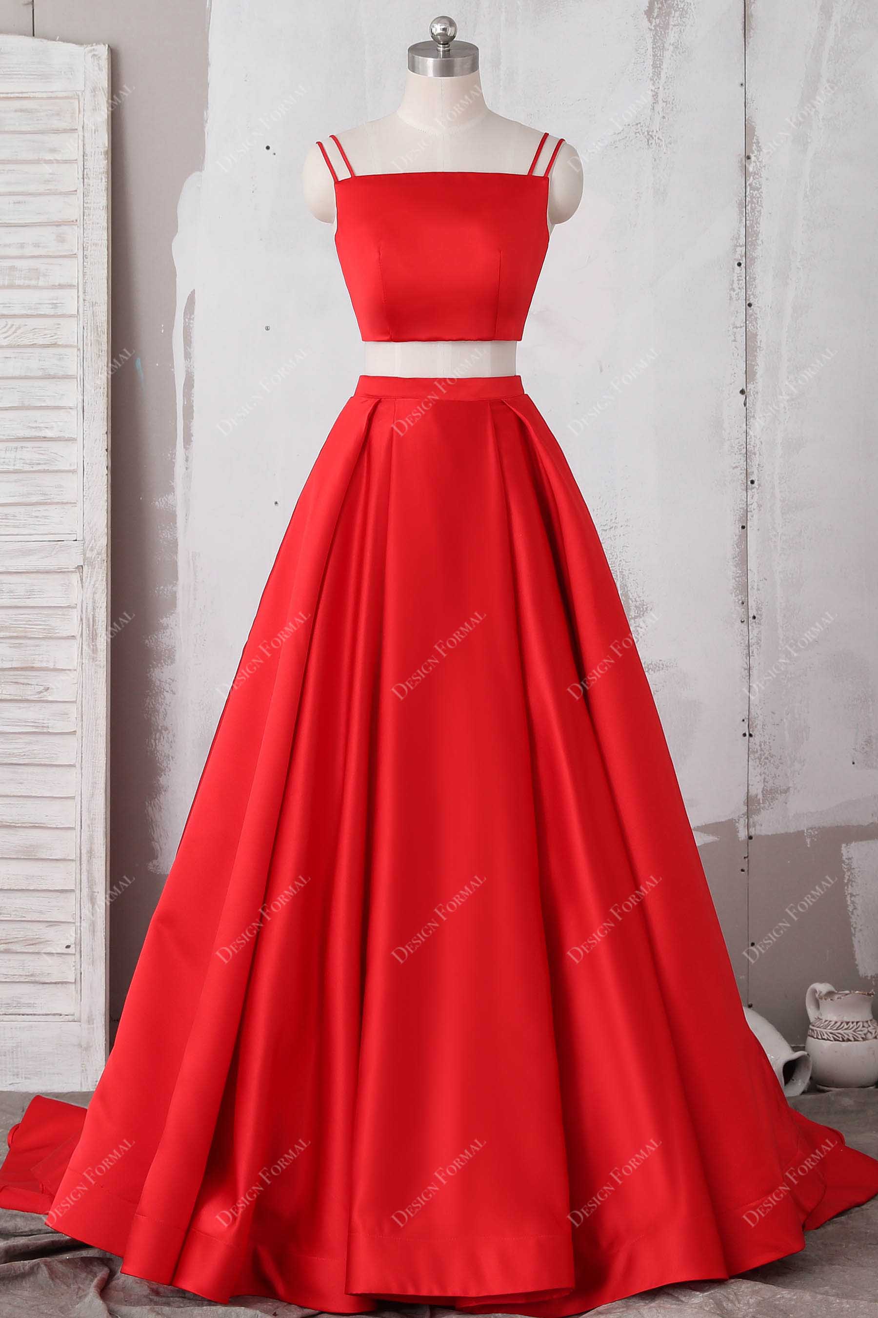 red satin two-piece A-line prom dress