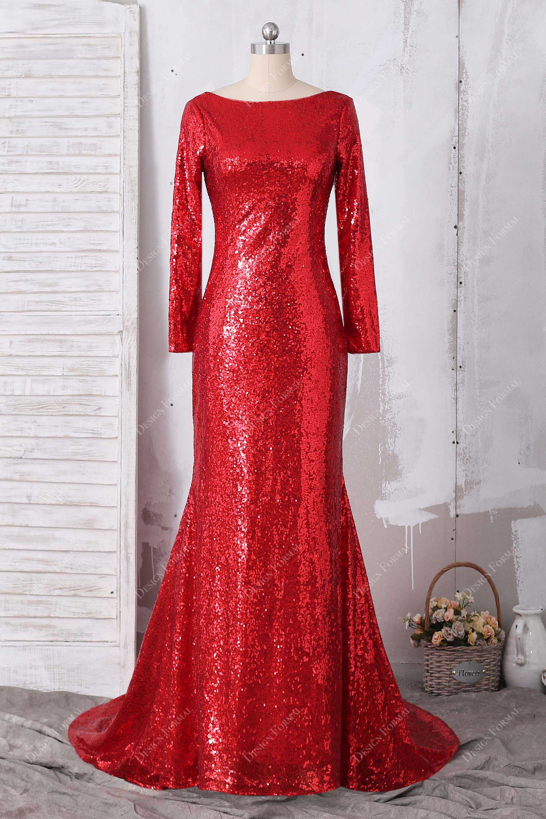 Red Sequin Long Sleeve Elegant Boat Neck Plus Size Simple Formal Dress Red Sequin Long Sleeve Elegant Boat Neck Plus Size Simple Formal Dress