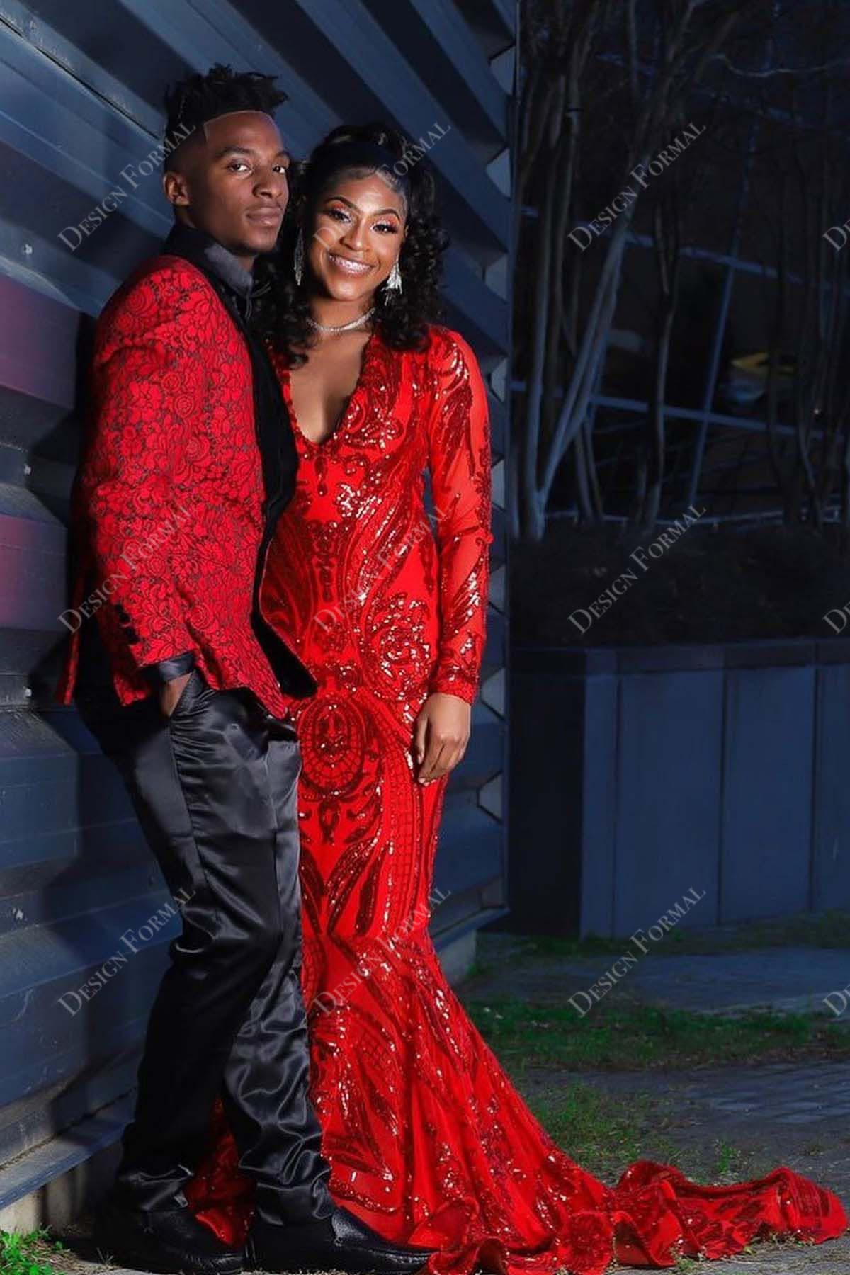 Red Sequin V-neck Sleeved Mermaid Made to Measure Prom Dress