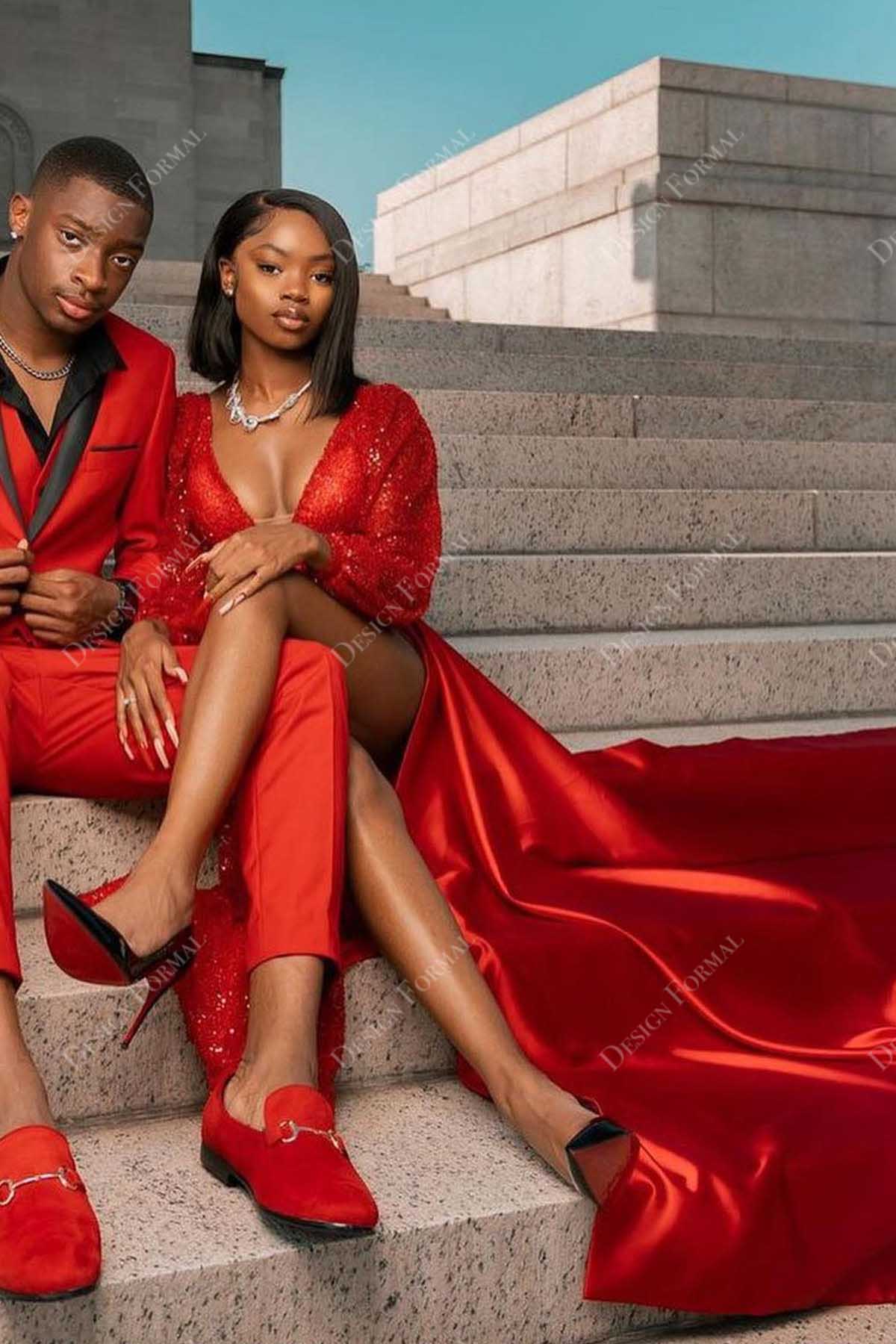 red sequin satin V-neck prom gown