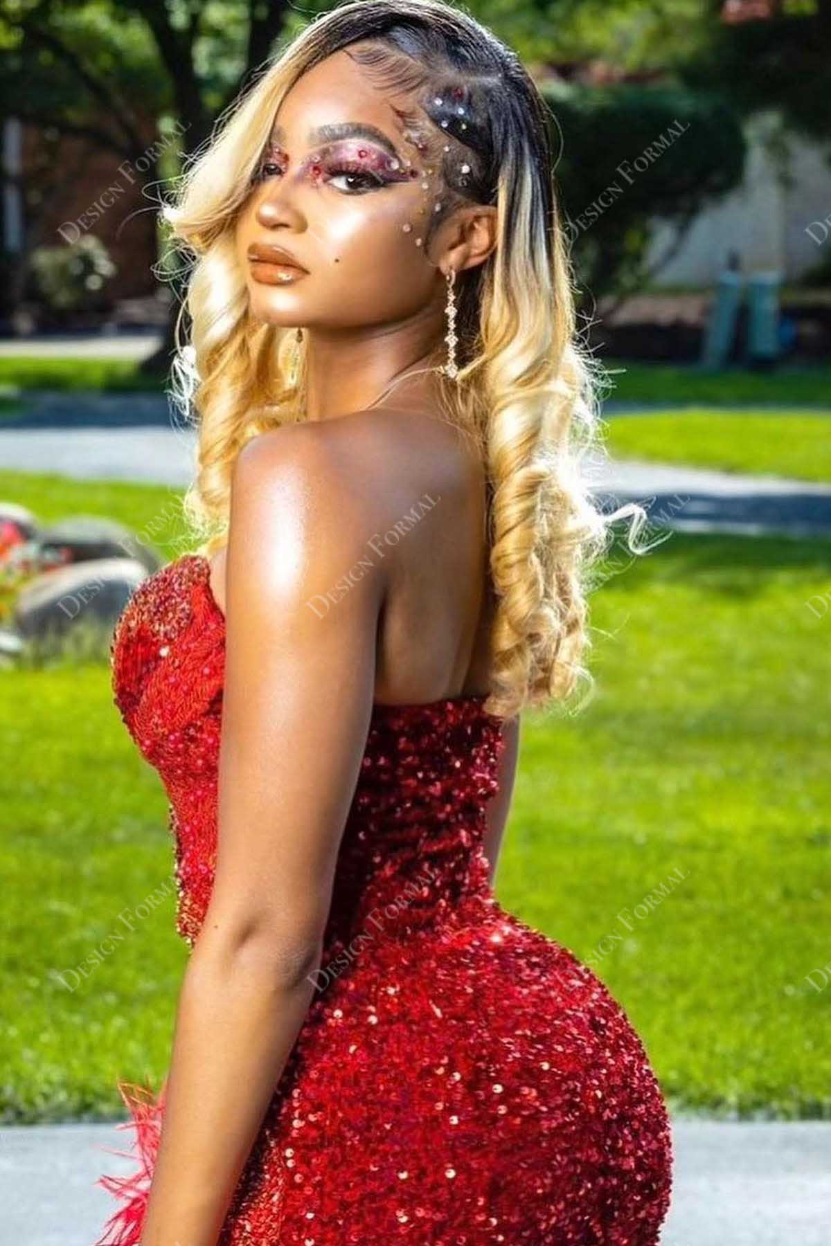 red sequin strapless prom dress