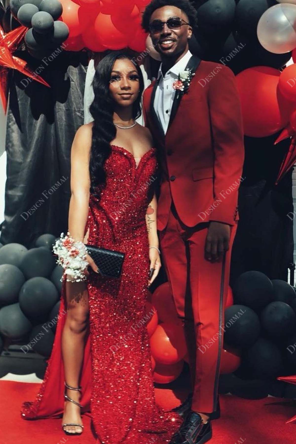 red sequin high slit sweetheart neck long prom dress