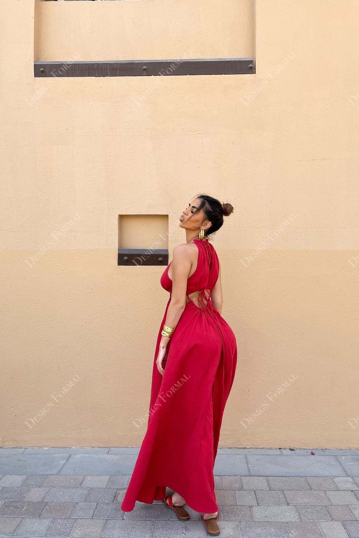 red strappy cutout sexy sleeveless prom long gown