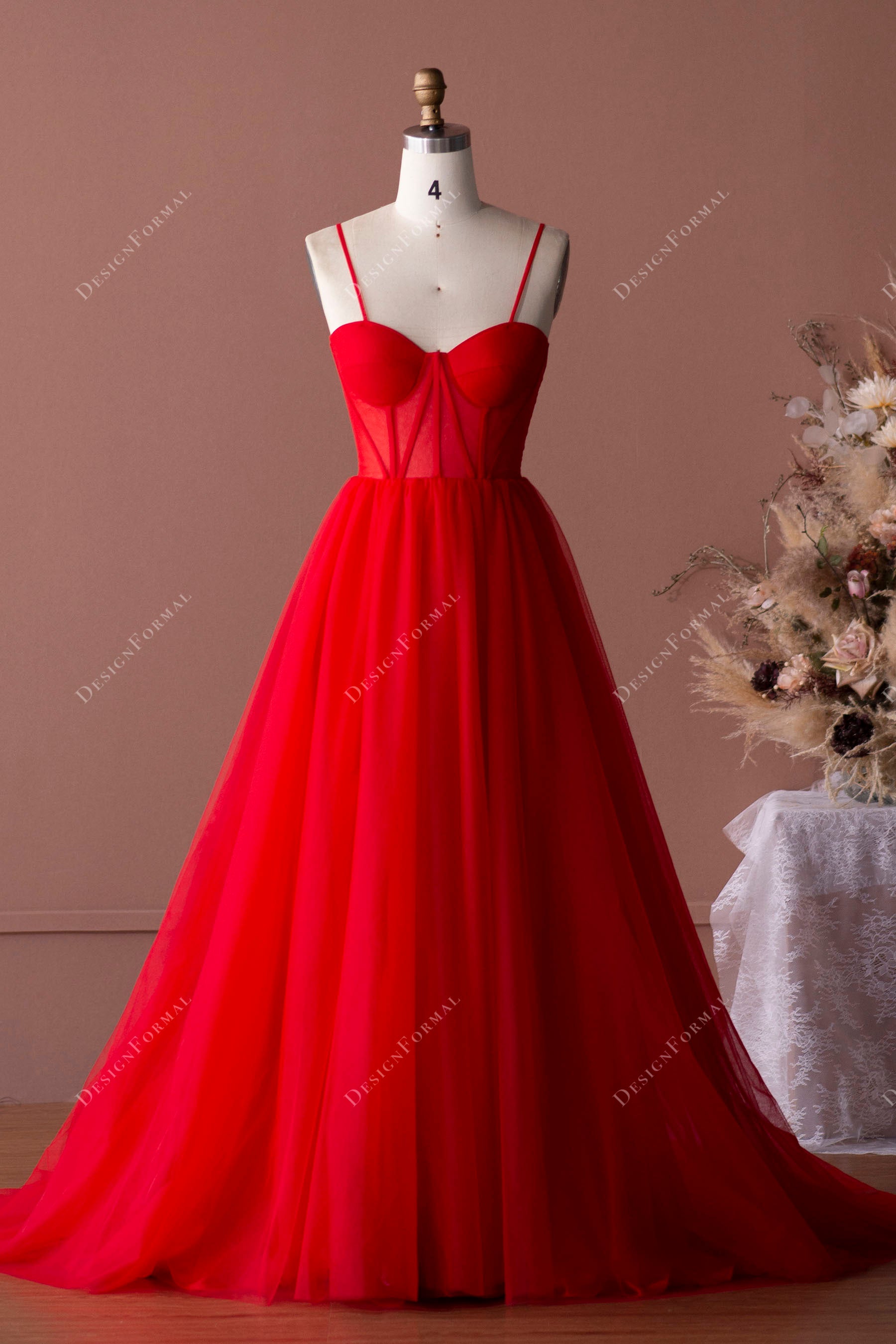 Red Straps Corset Tulle A-Line Stylish Elegant Prom Formal Dress Red Straps Corset Tulle A-Line Stylish Elegant Prom Formal Dress