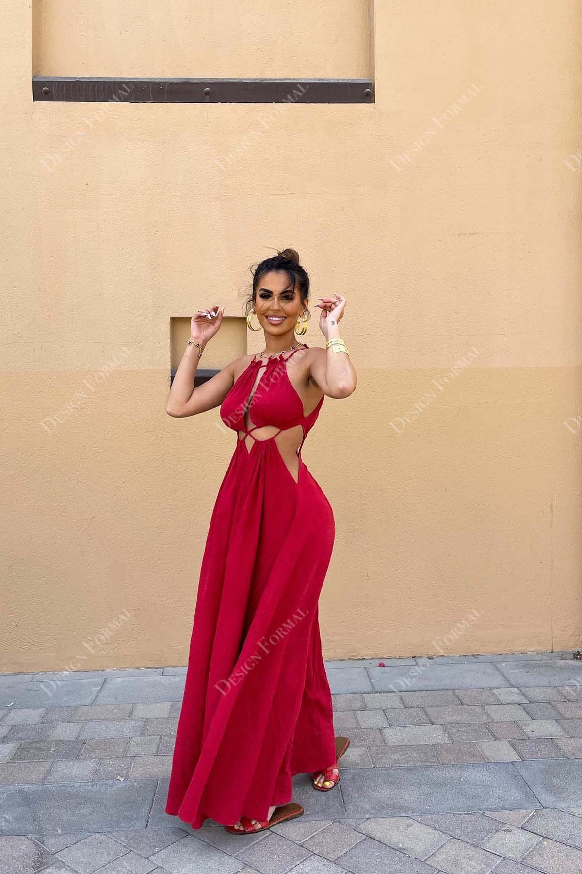 red thin straps cutout fit and flare designer prom dress