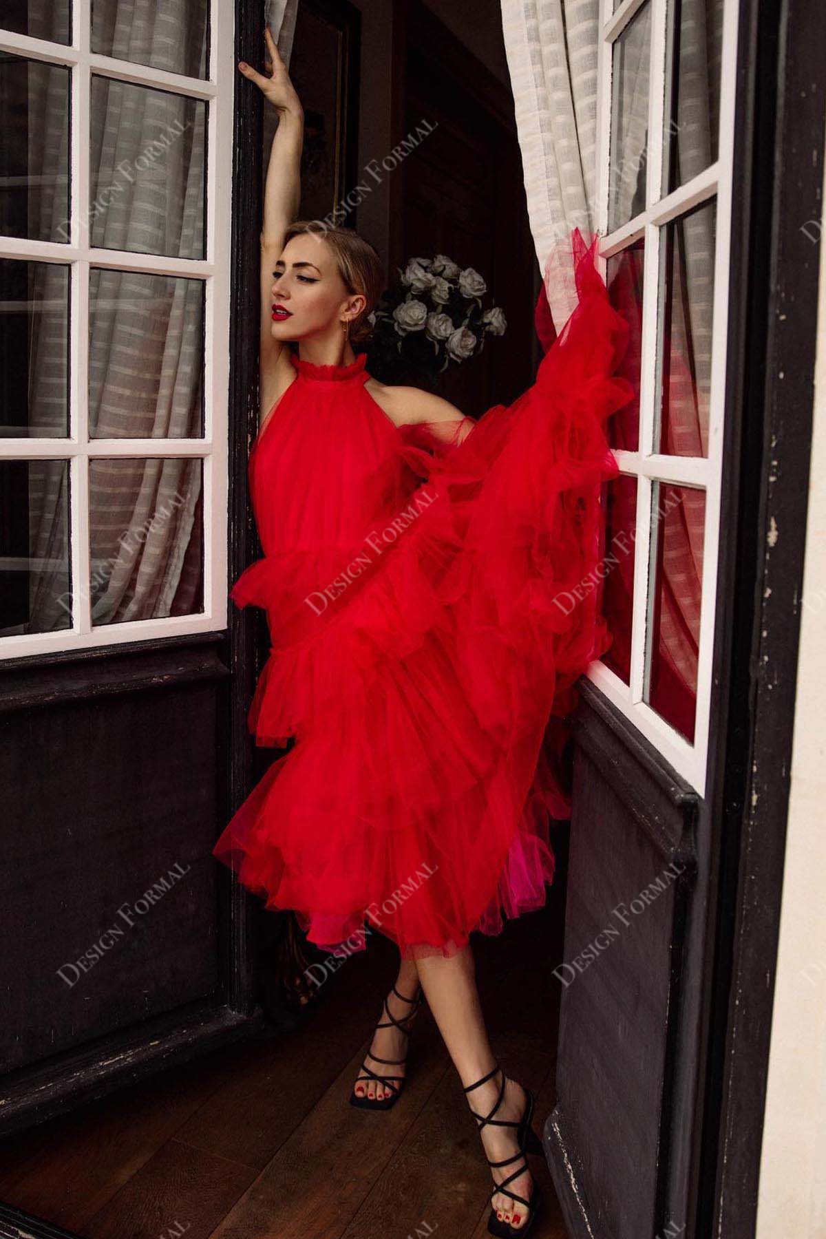 red halter neck tiered tulle tea length prom dress