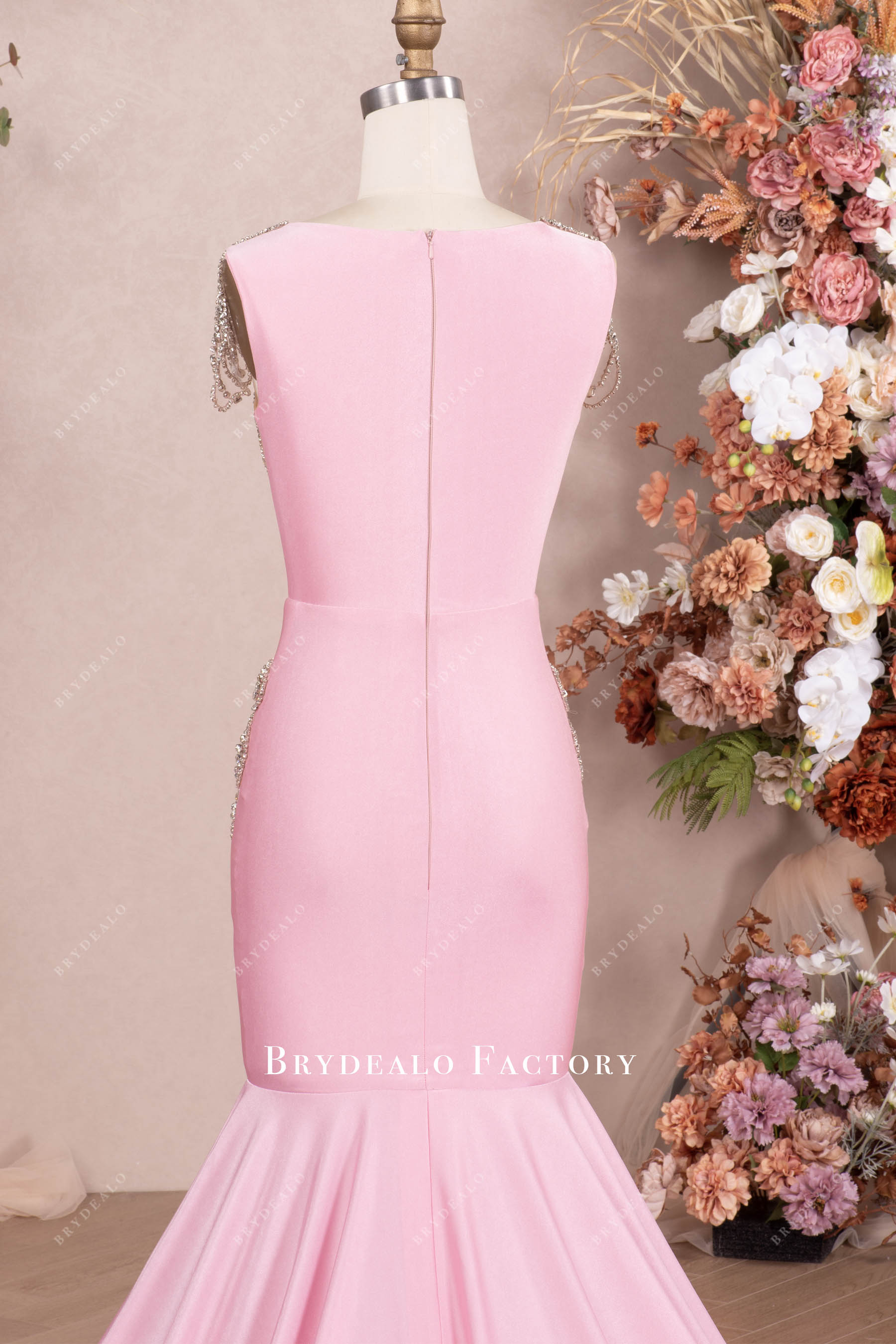 rhinestones cap sleeve baby pink prom dress