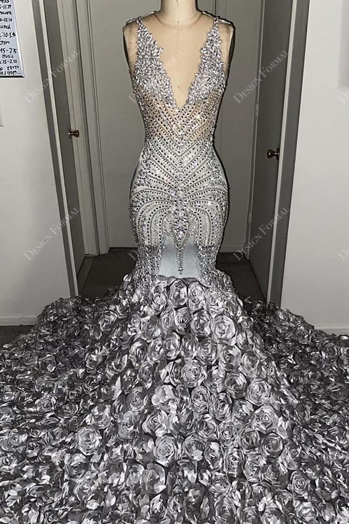 Rhinestones Silver 3D Roses Trumpet Made to Measure Prom Dress Rhinestones Silver 3D Roses Trumpet Made to Measure Prom Dress