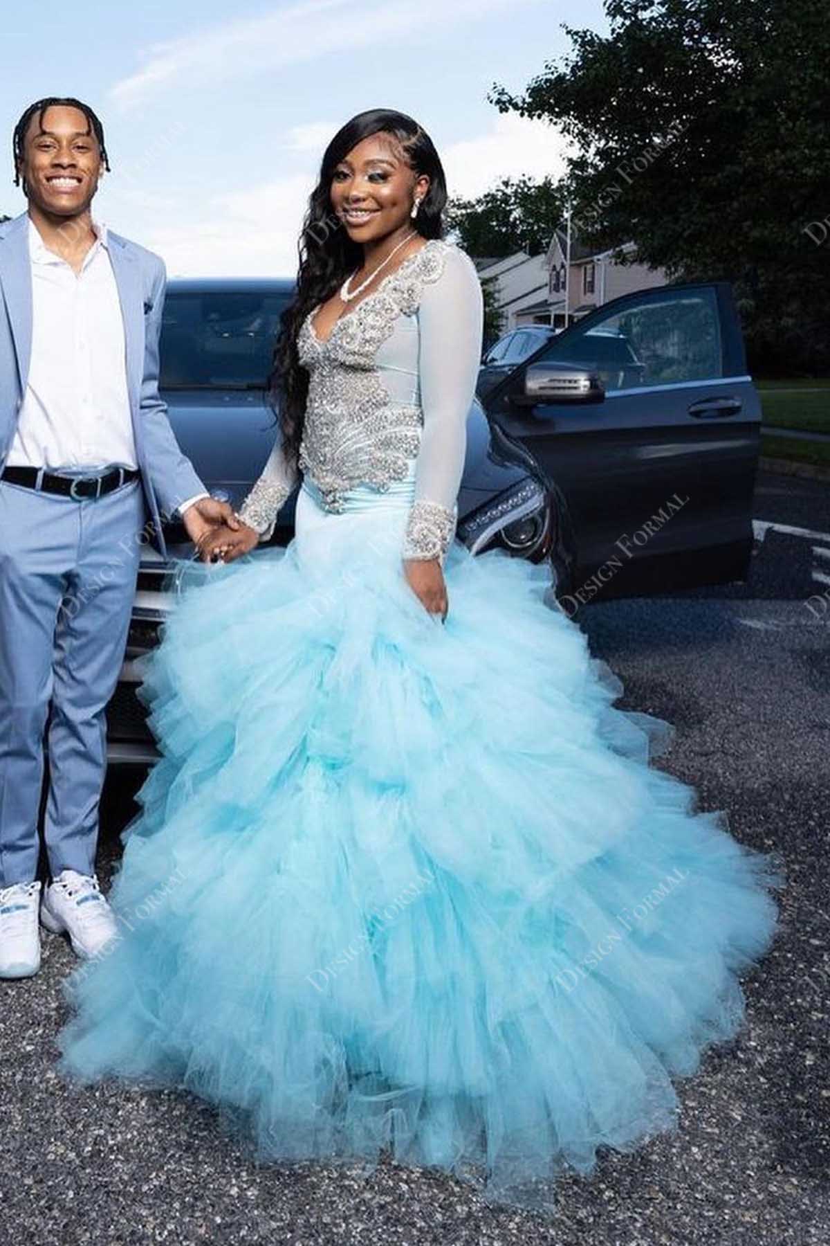 Rhinestones Embellished Sky Blue Tulle Handmade Trumpet Prom Dress Rhinestones Embellished Sky Blue Tulle Handmade Trumpet Prom Dress