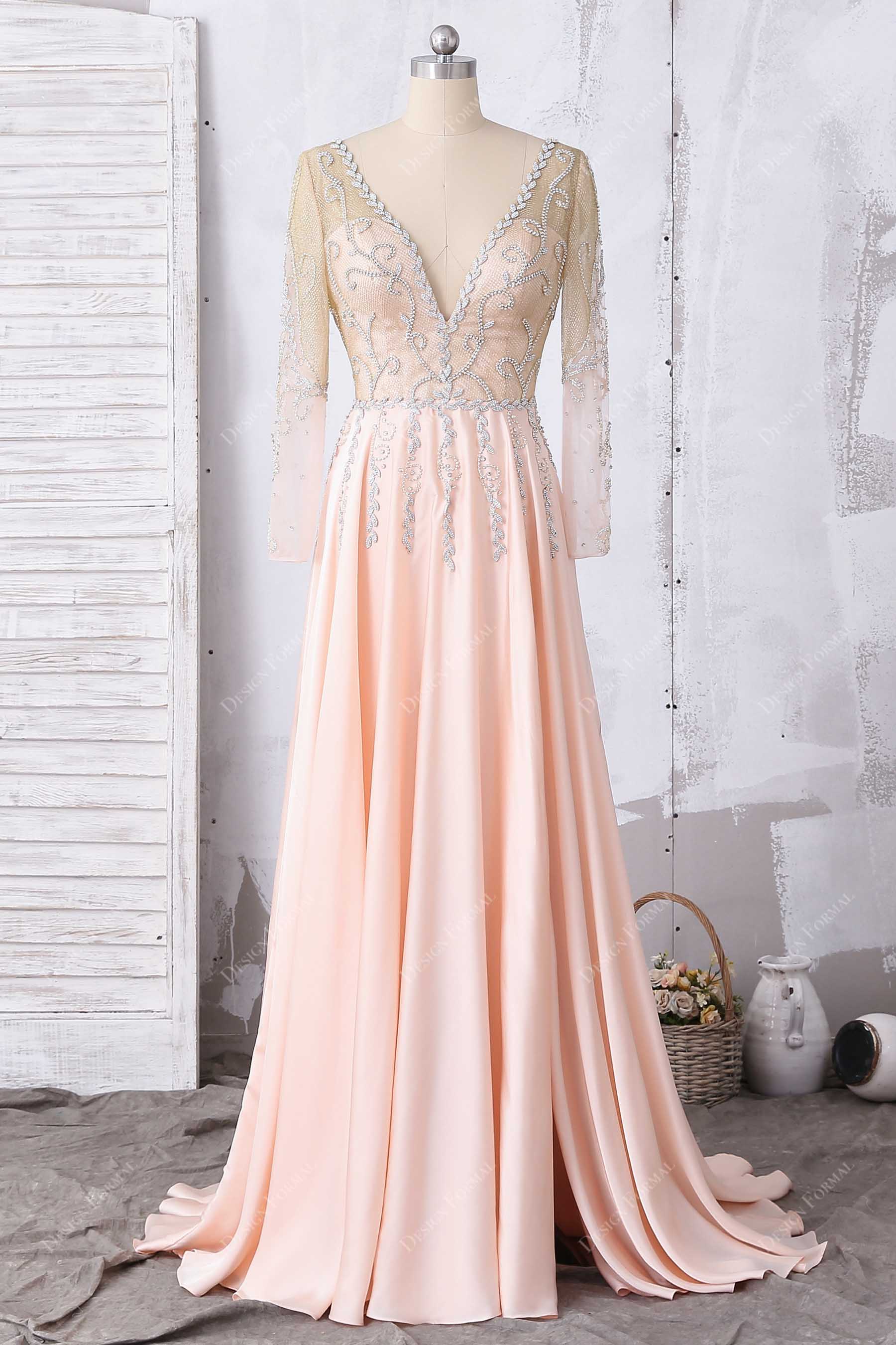 Silver Rhinestones Gold Metallic Mesh Pink A-Line Prom Dress